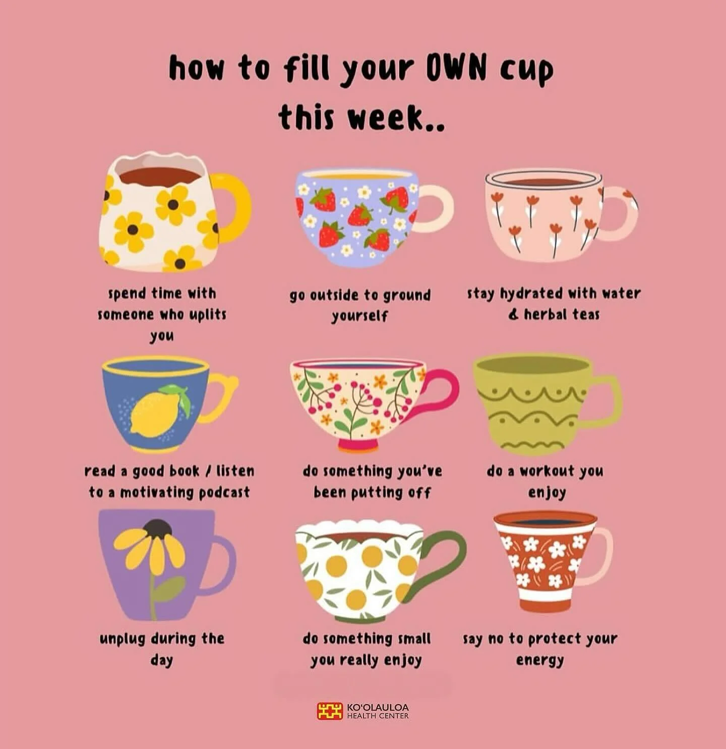 Aloha &lsquo;Ohana,

Here are a few wellness pointers from our staff to keep in mind this coming week!

#koolauloahealthncenter #koolauloahealth #koolauloawellness #bewell #staywell