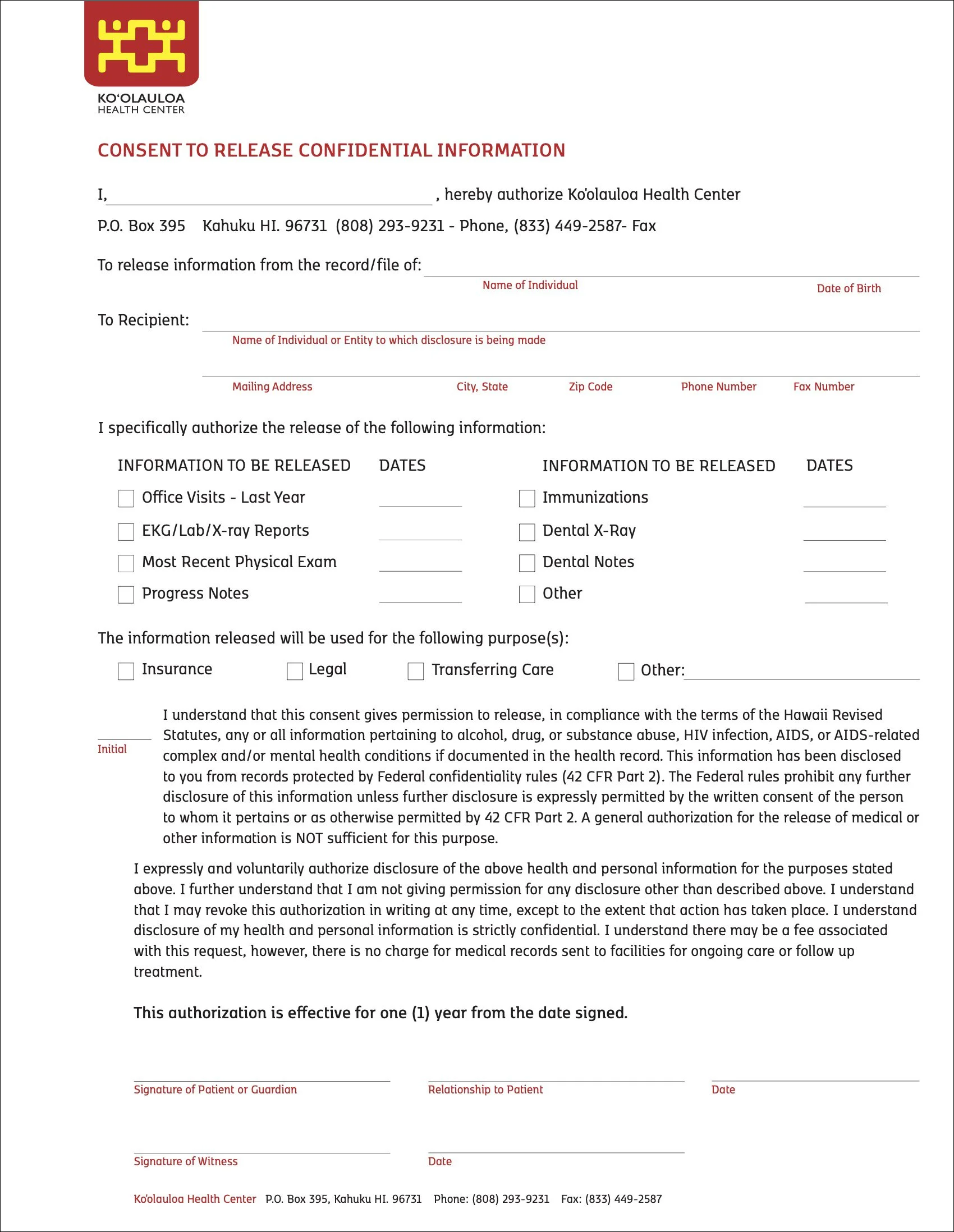 Hawaiʻi consent form identifying records, dates, recipient, and purpose