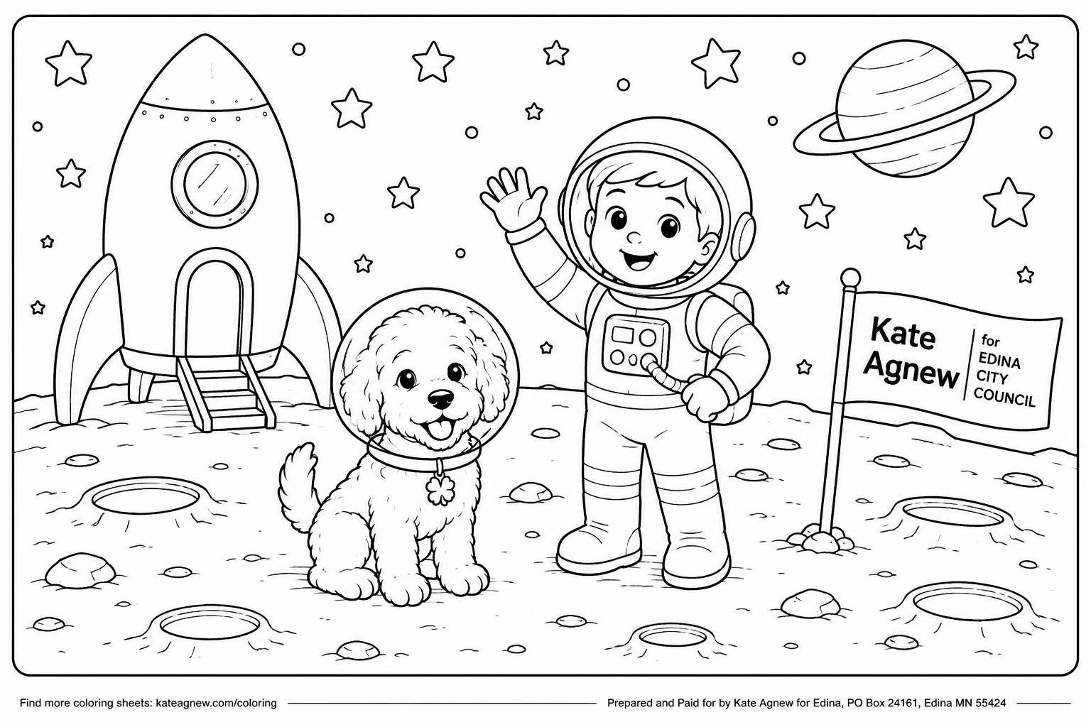 a coloring sheet of a dog and astronaut on the moon