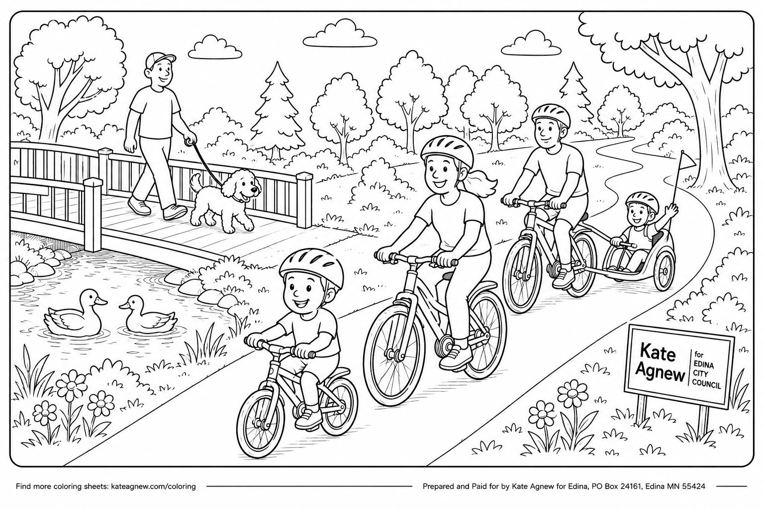 A coloring sheet of a family riding bike through a park