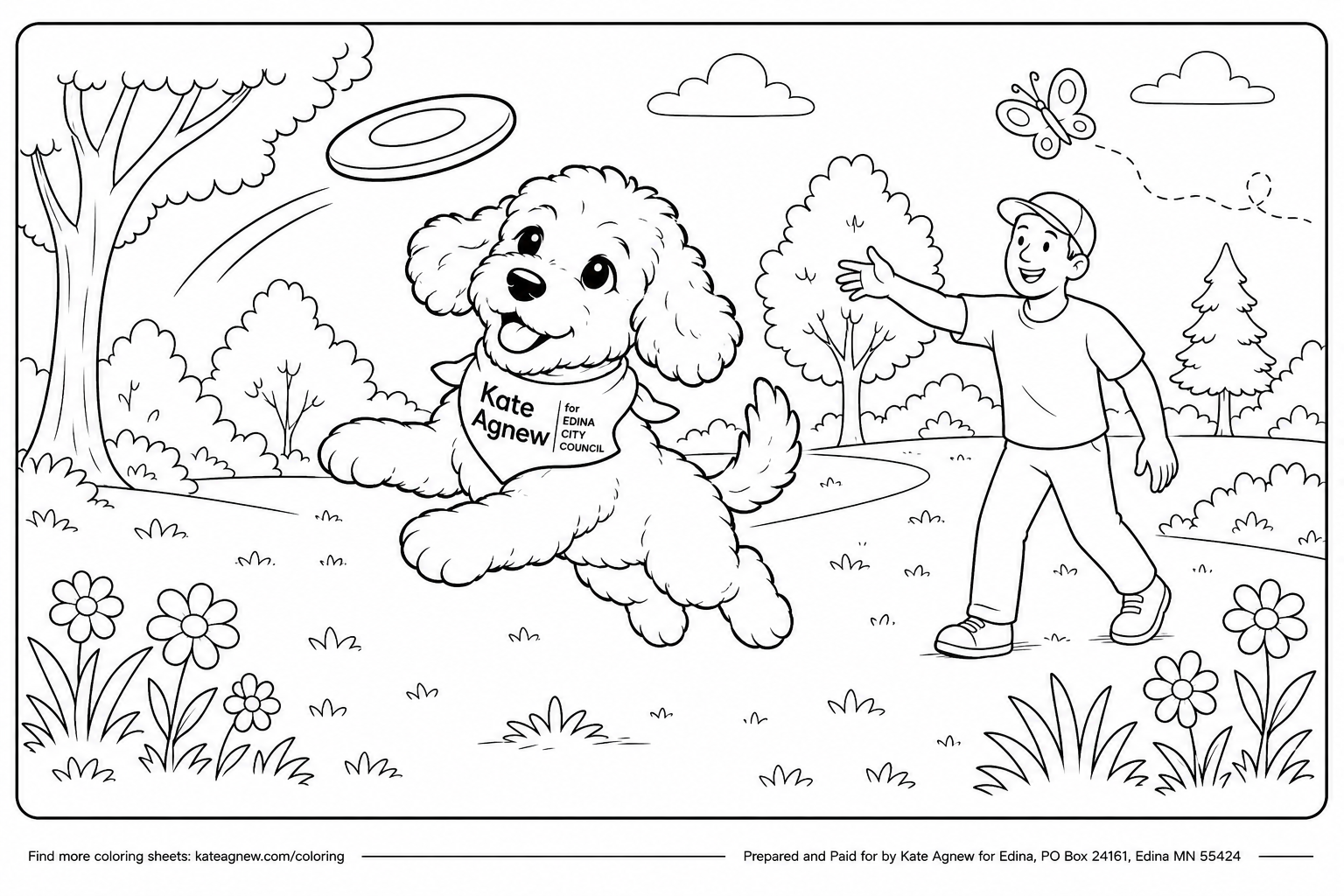 A coloring sheet of a dog playing frisbee