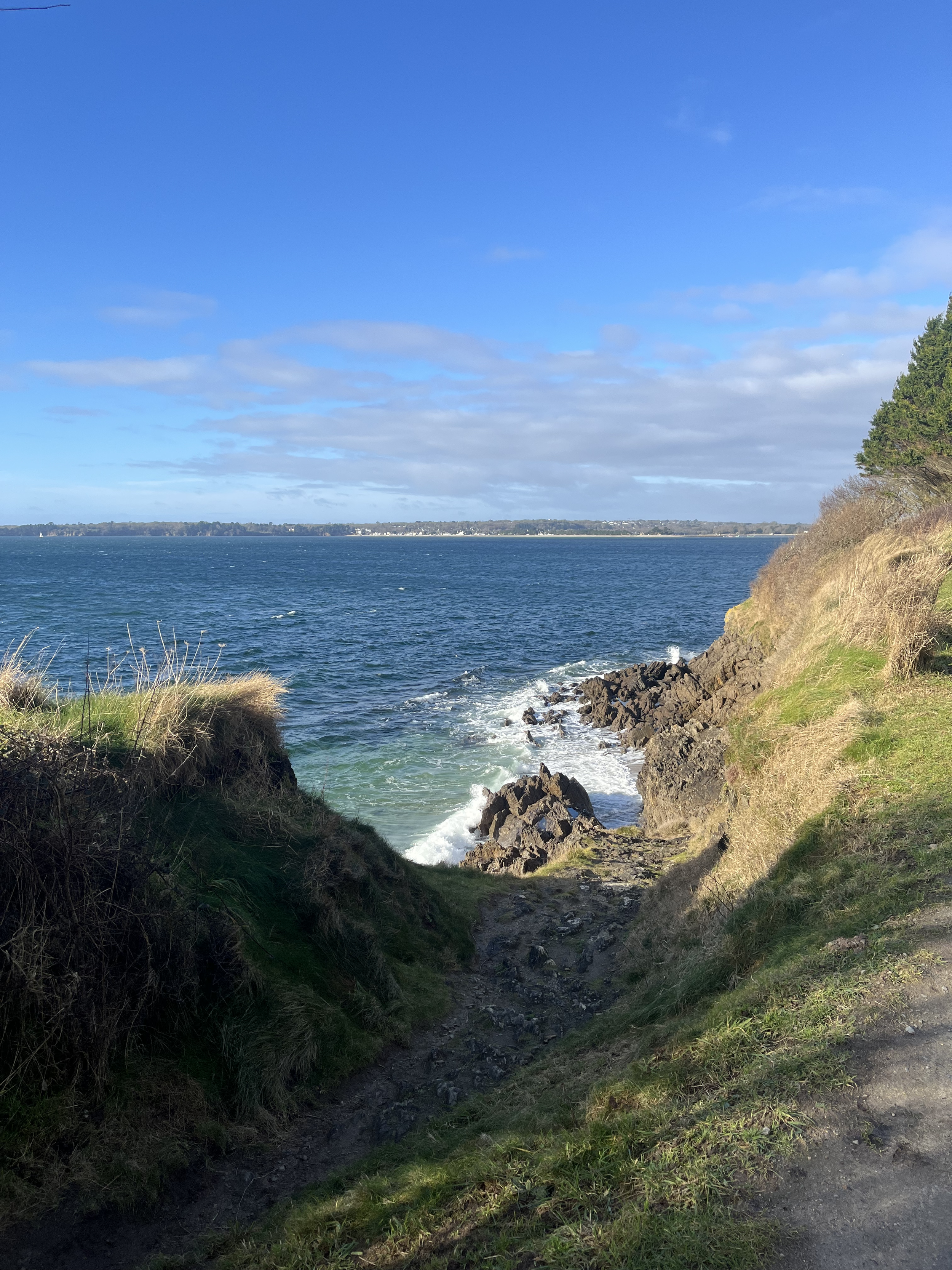 A rocky dirt trail leading to a coastal view with blue ocean, distant land, and a partly cloudy sky, surrounded by grass and trees.