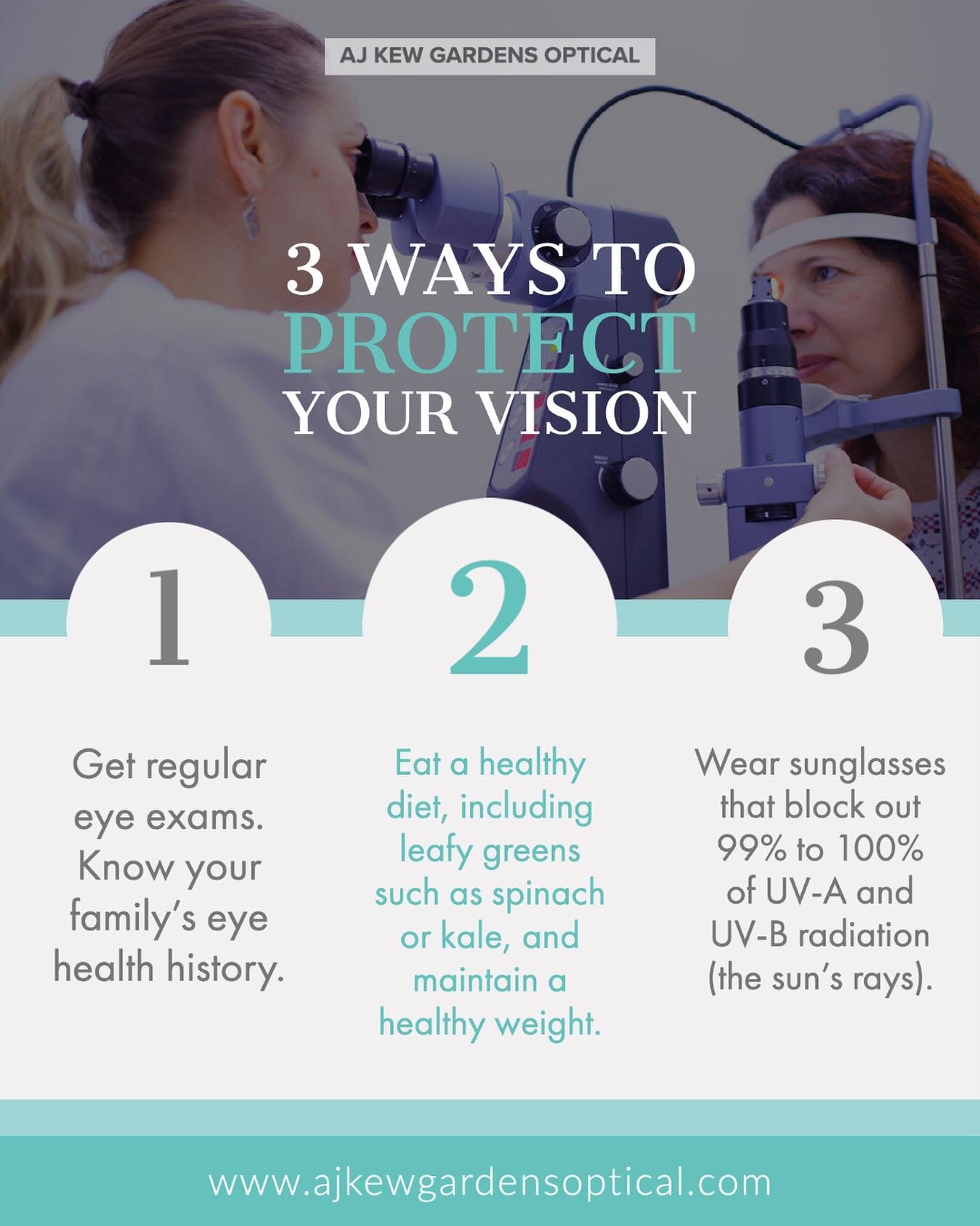 3 Ways to Protect Your Vision ✨

1️⃣. Get regular eye exams 👁. Know your family&rsquo;s eye health history.

2️⃣. Eat a healthy diet🍏, including leafy greens such as spinach or 🥬 , and maintain a healthy weight. 💦

3️⃣.Wear sunglasses that block 