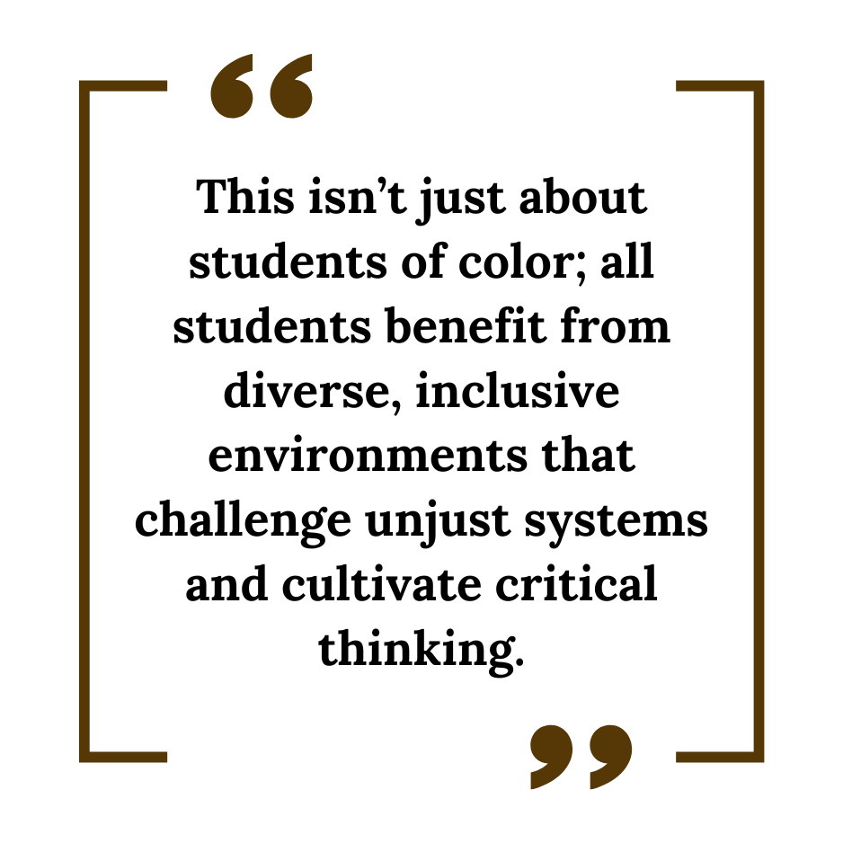 Quote on a white background with brown border and quotation marks, stating that all students benefit from diverse, inclusive environments that challenge unjust systems and cultivate critical thinking.
