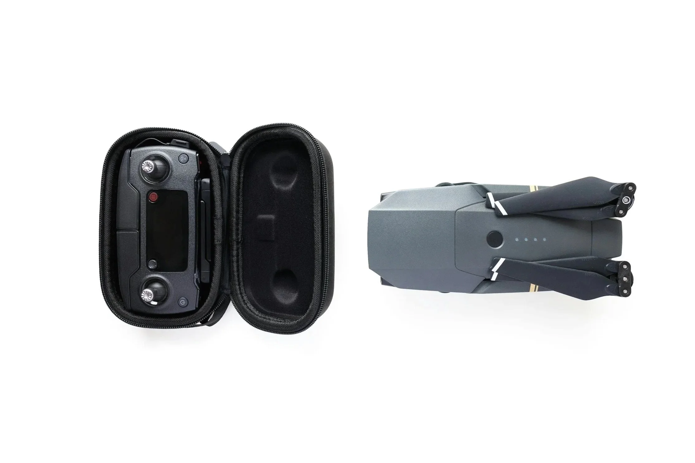 Drone with remote control and carrying case on a white background.