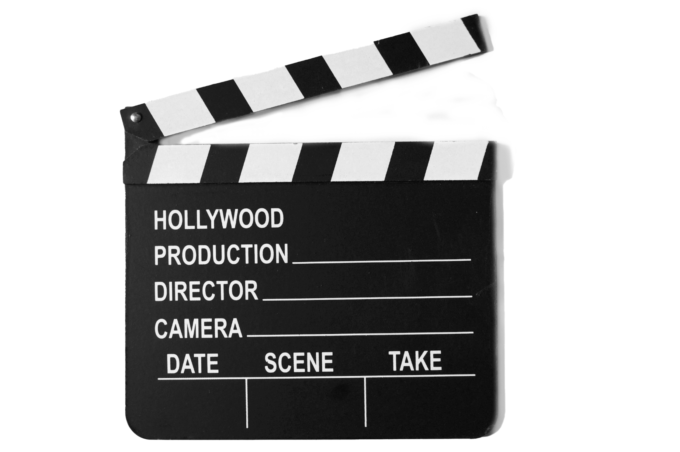 Black and white Hollywood-style film clapperboard with blank spaces for production details.