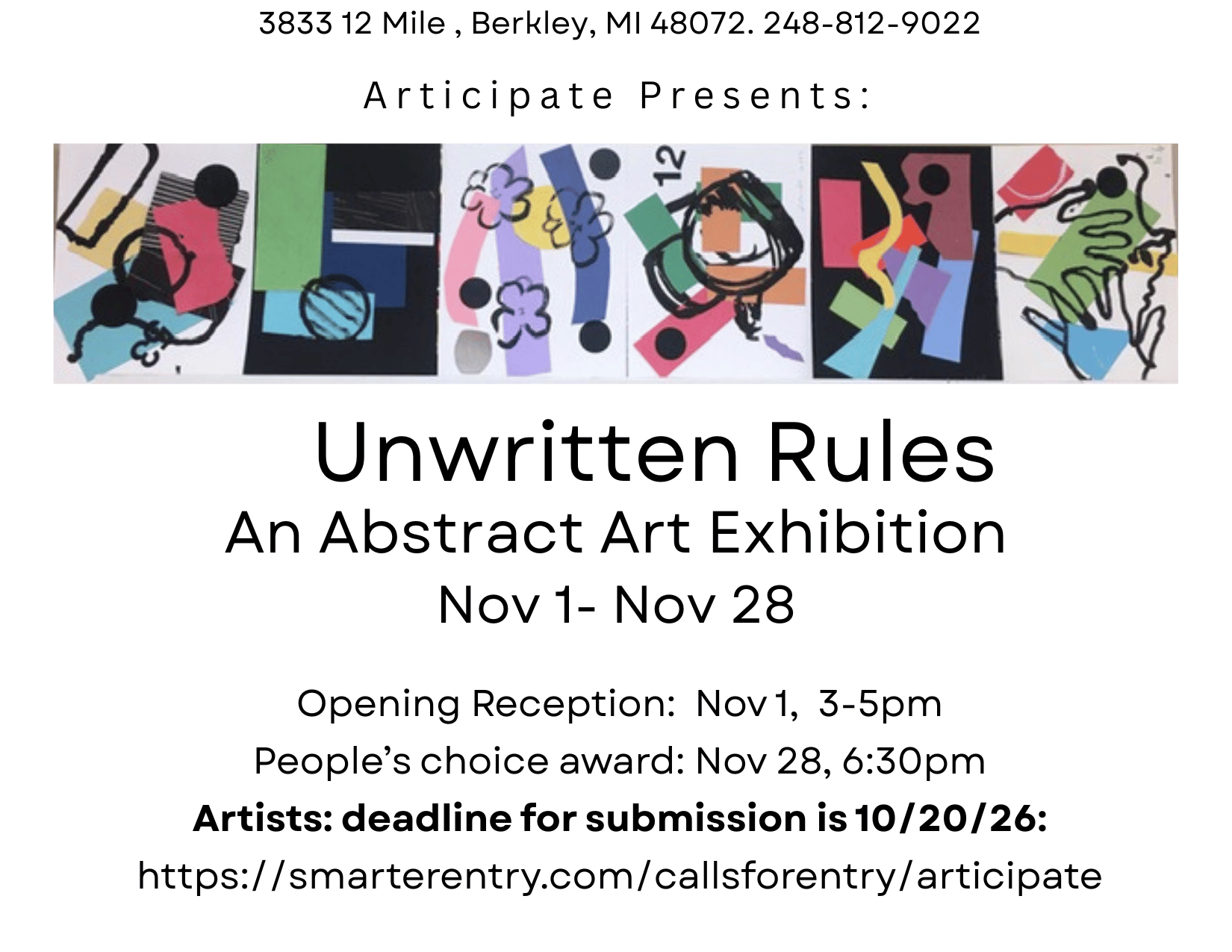 An invitation to 'Unwritten Rules: An Abstract Art Exhibition' located at 3833 12 Mile, Berkley, MI. The invitation features a colorful, abstract, and geometric artwork with various shapes and lines. The exhibition runs from November 1 to November 28, with an opening reception on November 1 from 3 to 5 pm. The people's choice award is on November 28 at 6:30 pm. Artists' submission deadline is October 20, 2026, with a link provided for submissions.