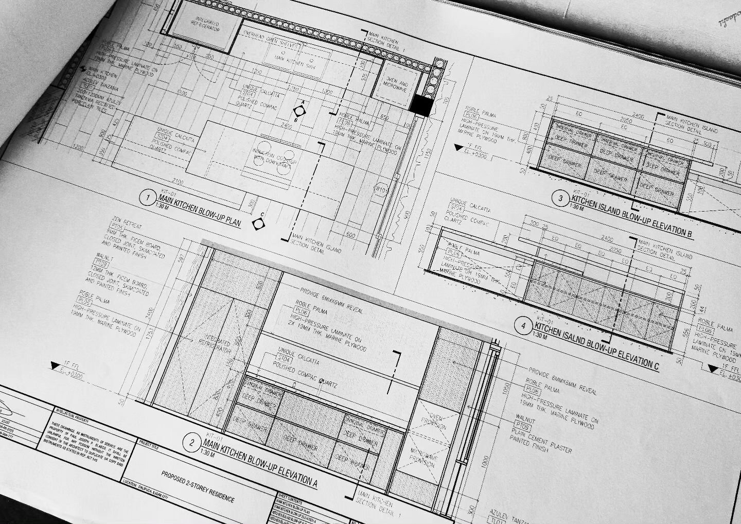 The complete set of construction documents is the final product of a complex and iterative process of sketching, 3D modeling, and rendering. These monochromatic technical drawings represent months of creative design process that reflect our vision an