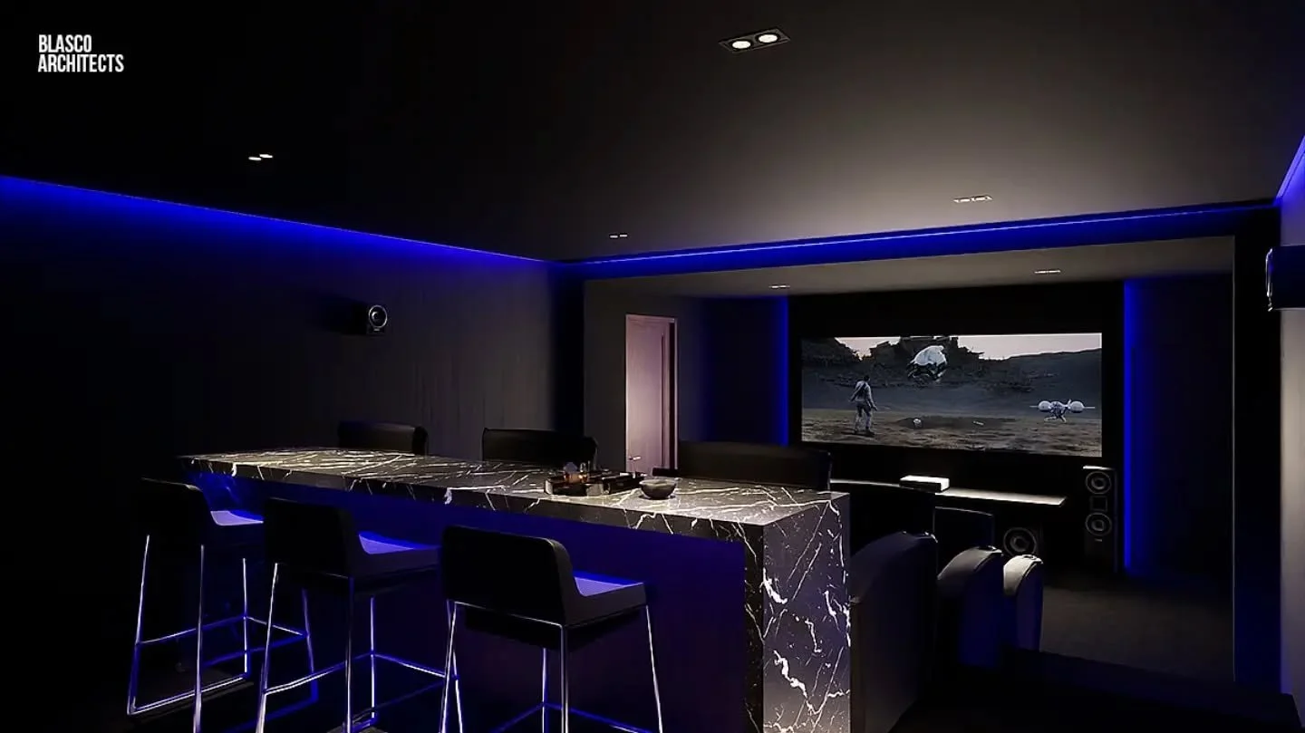Film meets flavor in this bespoke home theater with bar, crafted to elevate movie nights.

#hometheater #homedesign