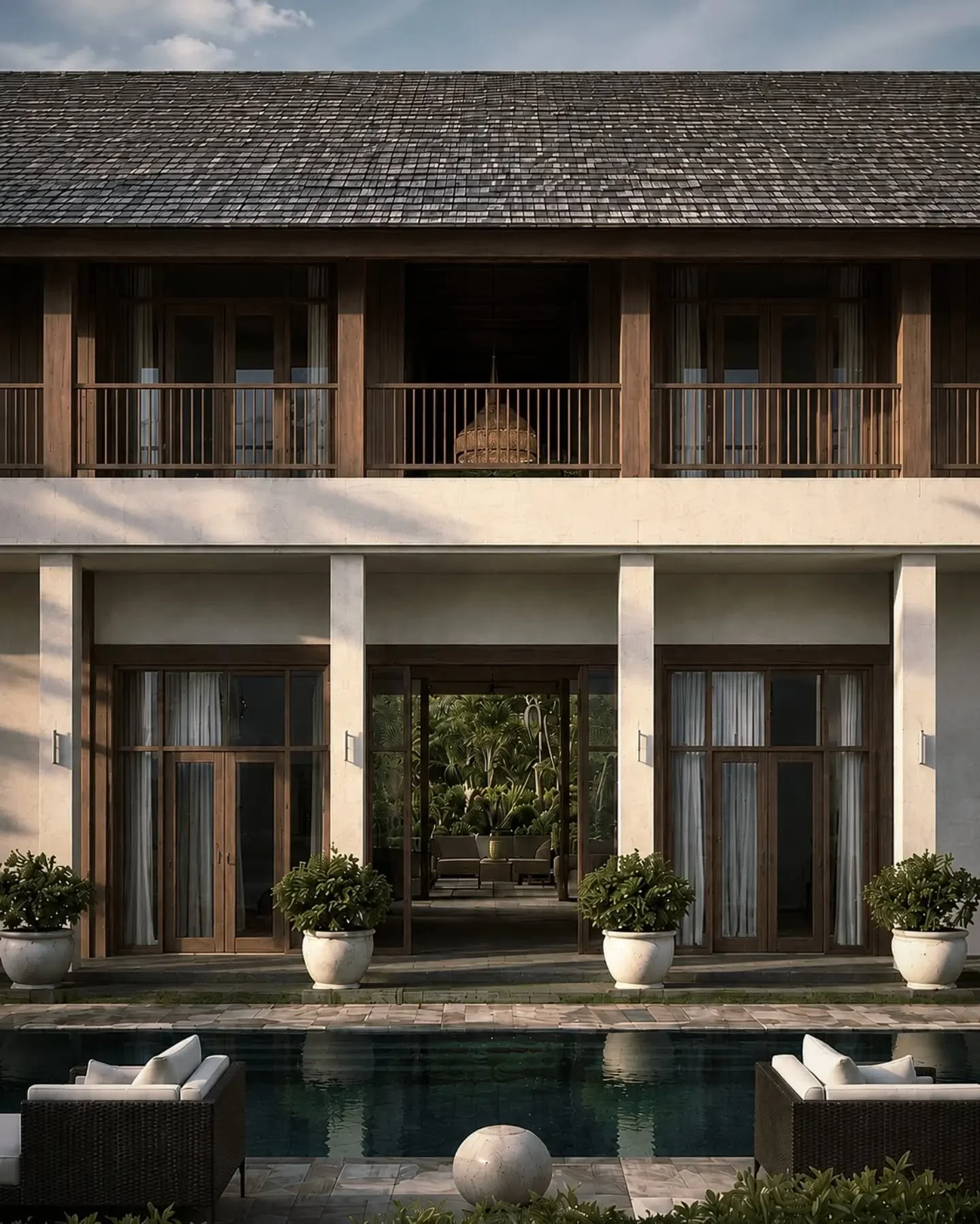 Emotion in architecture can come from recognition. A timber balcony, a pitched roof, a quiet pool, and a garden beyond can bring back memories of places we have known. When simple elements are composed with care, architecture can create familiar expe