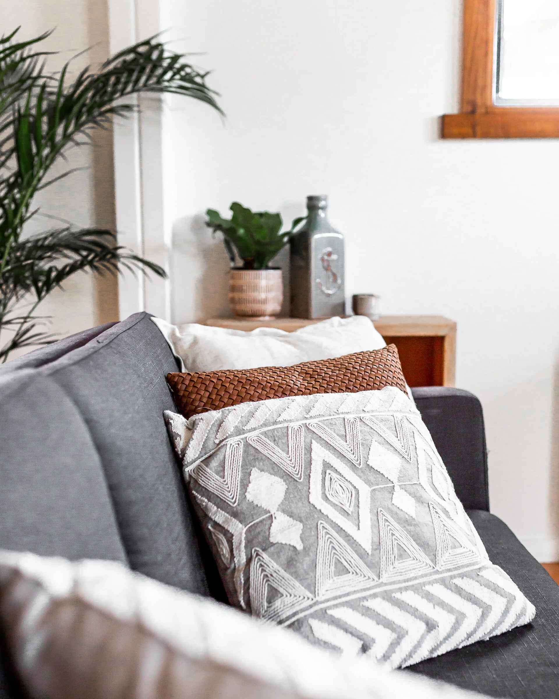Close-up of decorative pillows on a gray sofa with a living room in the background, featuring a wooden table with plants and bottles, and a window.