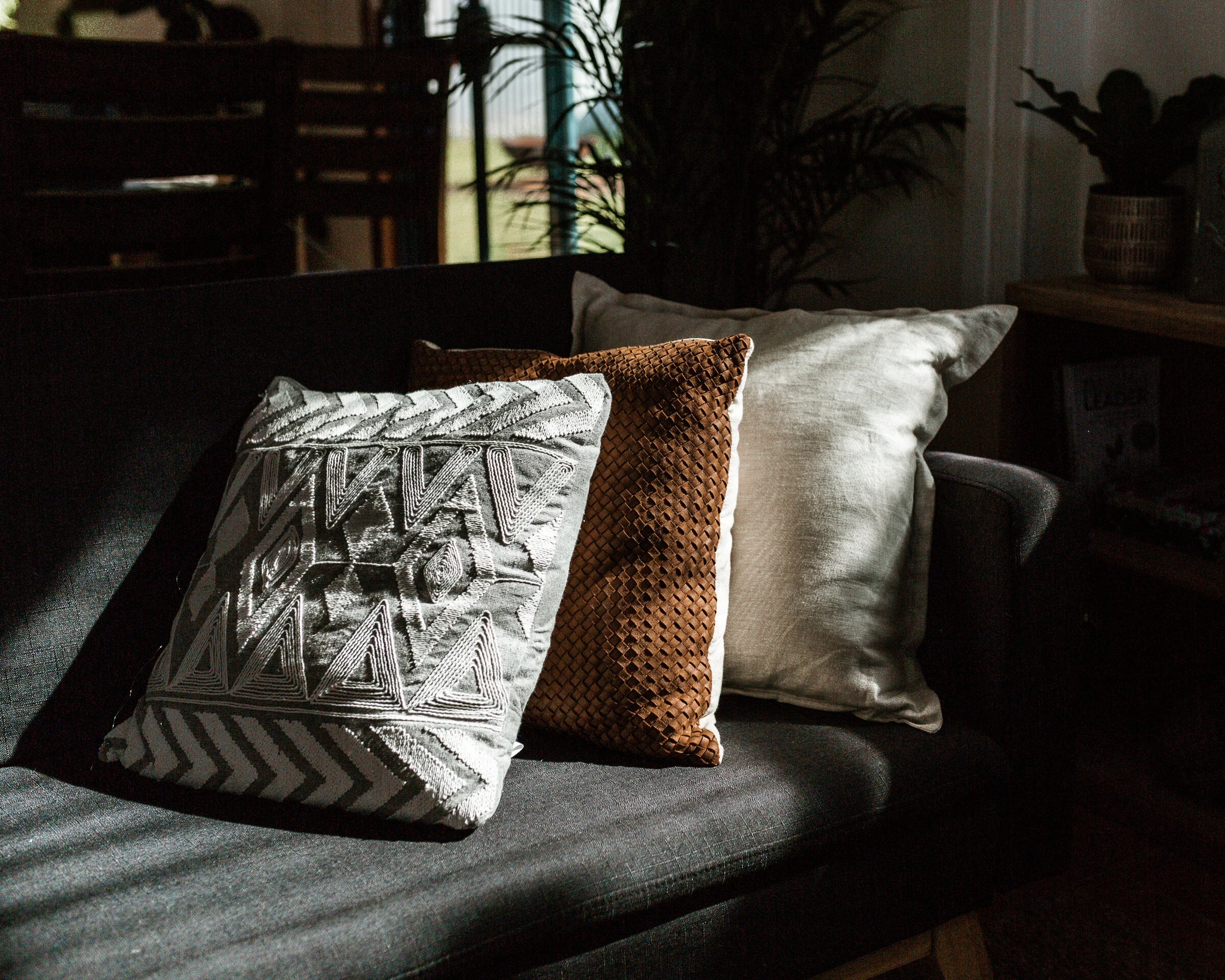 A dark-colored sofa with four decorative pillows in light, dark brown, and white colors. Light is streaming onto the pillows, highlighting their textures. In the background, there are plants and a wooden table.