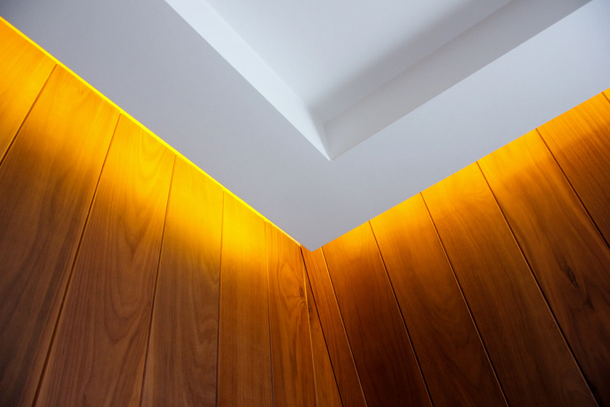 Wood-panelled walls with dimmed lights.