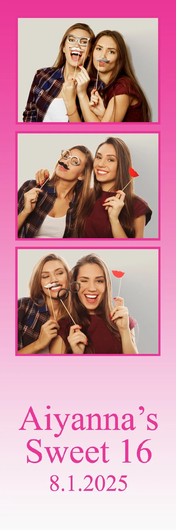 Three photo booth strips featuring two adults and a baby having fun with oversized sunglasses with a geometric backdrop. Text below reads "Brian & Shantelle, August 21st, 2021."