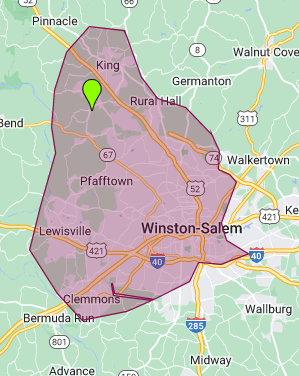 Map of Winston-Salem, North Carolina, highlighting surrounding towns and highways.