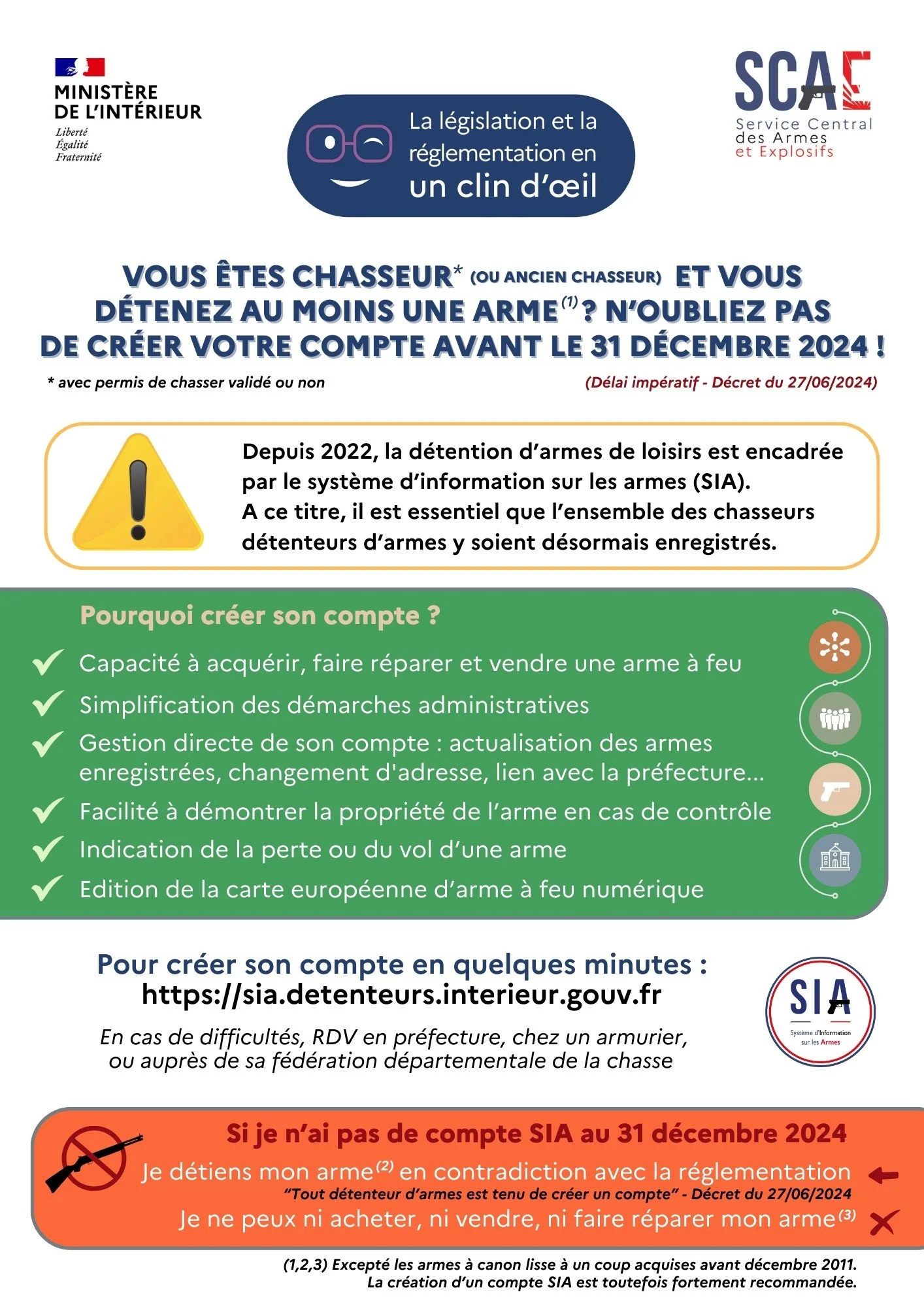 Vous êtes chasseur ou ancien chasseur et vous détenez une arme? N’oubliez pas de créer votre compte SIA avant le 31 décembre 2024!