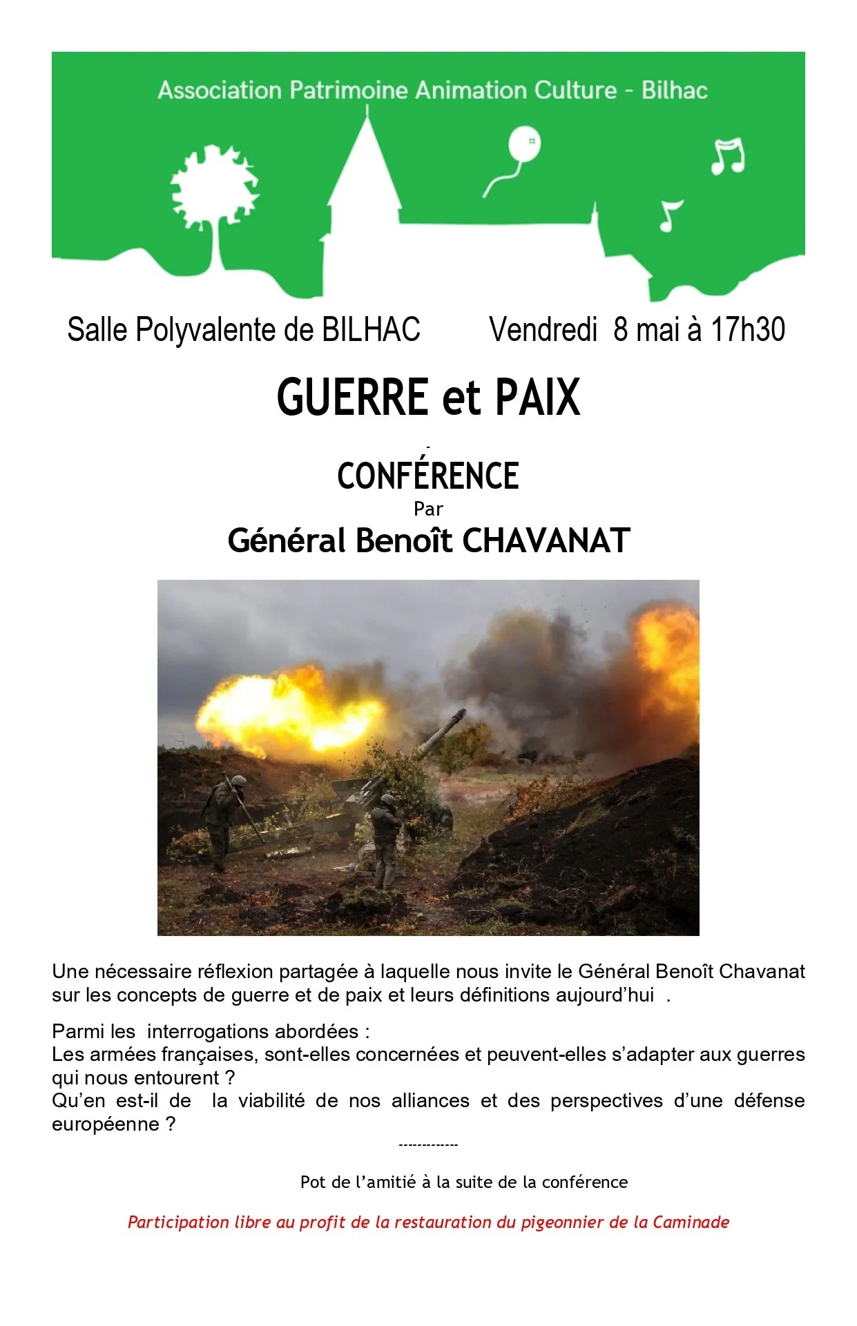 Conférence Guerre et paix par le Général Benoît CHAVANAT - Le vendredi 8 mai à 17h30 - salle polyvalente de Bilhac