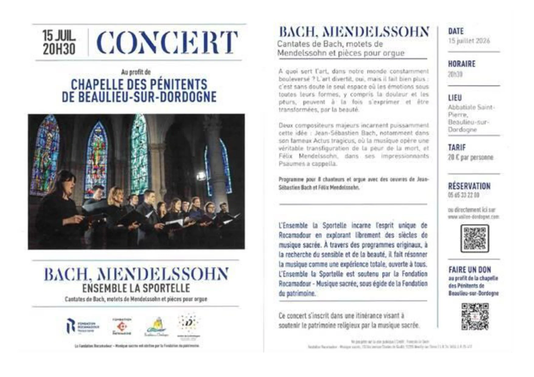 Concert au profit de la Chapelle des Pénitents de Beaulieu/Dordogne - Ensemble La Sportelle - Bach, Mendelssohn et pièces pour orgue - 15 juillet 2026 à 20h30 à l’Abbatiale Saint-Pierre
