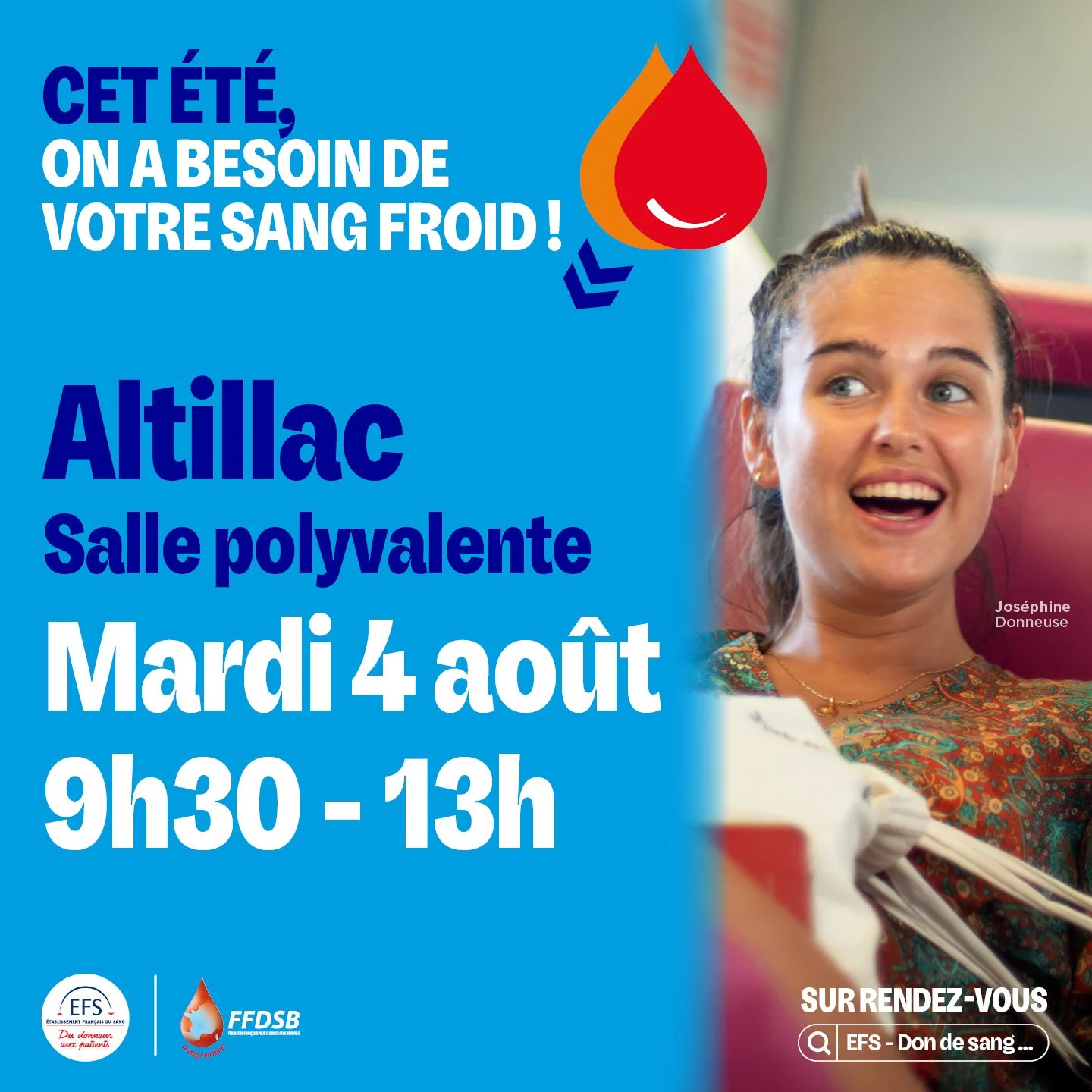 Don du sang - Mardi 04 août de 9h30 à 13h00 - Salle polyvalente d’Altillac