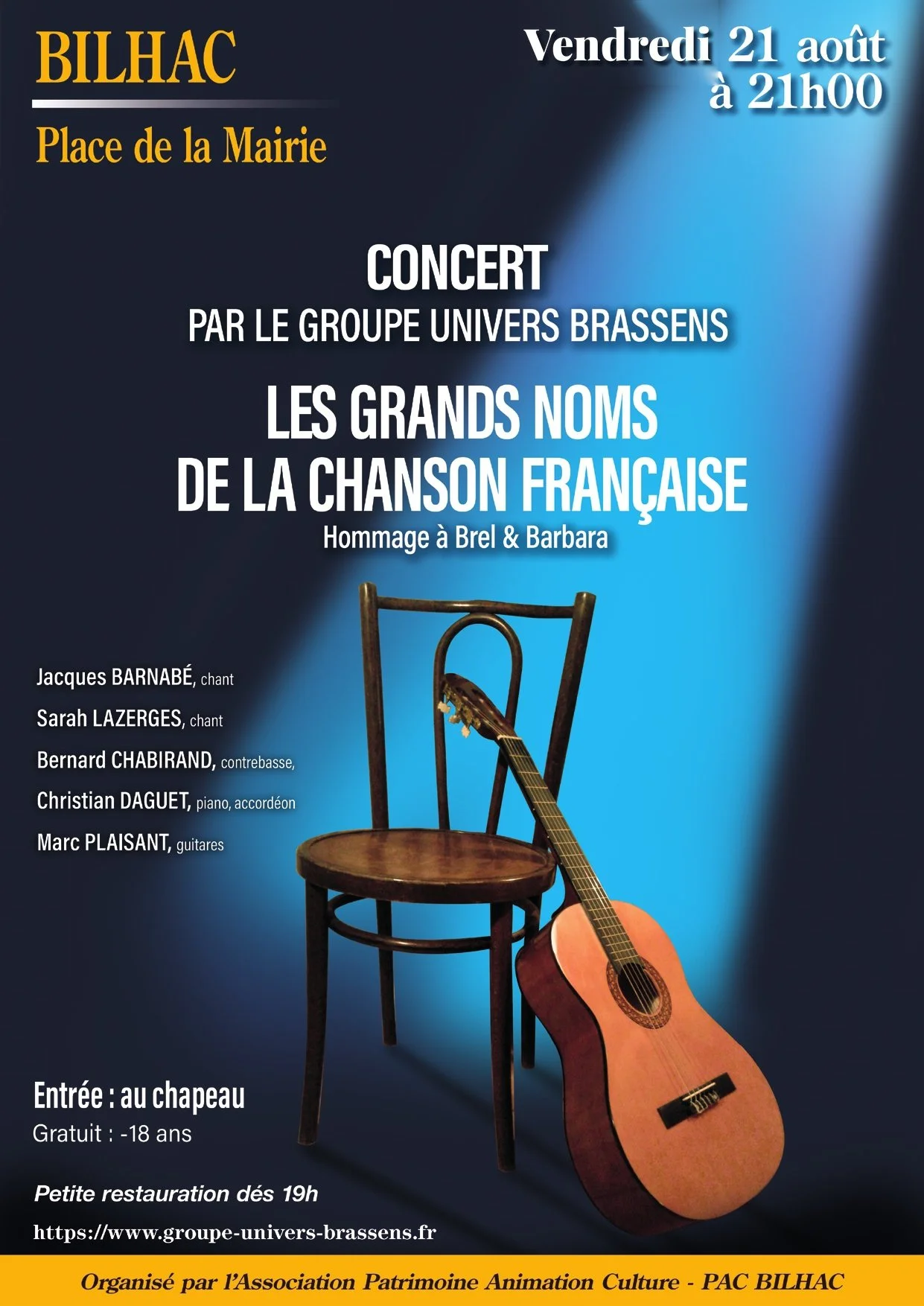 Concert du groupe Univers Brassens organisé par la PAC - Vendredi 21 août - à 21h00 - Place de la Mairie
