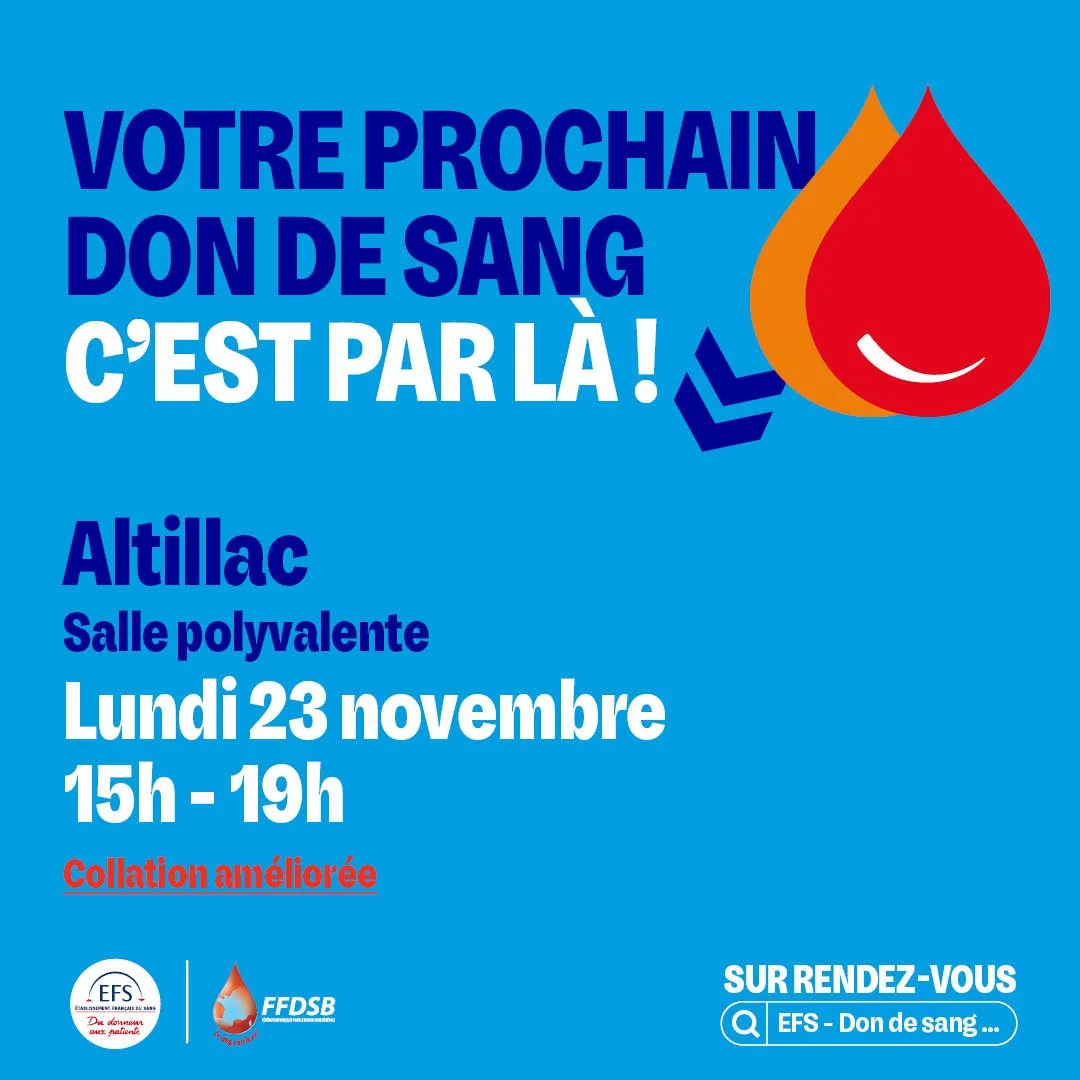 DON DE SANG - Lundi 23 novembre - 15h - 19h - Altillac (salle polyvalente)