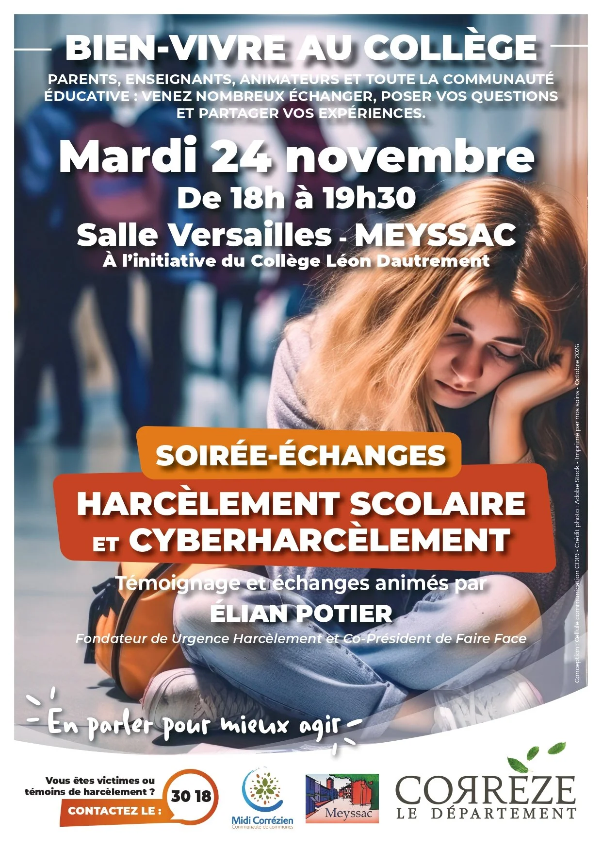 Soirée échanges - Harcèlement scolaire et cyberharcèlement - Mardi 24 novembre 2026 - De 18h à 19h30 - Salle Versailles - Meyssac