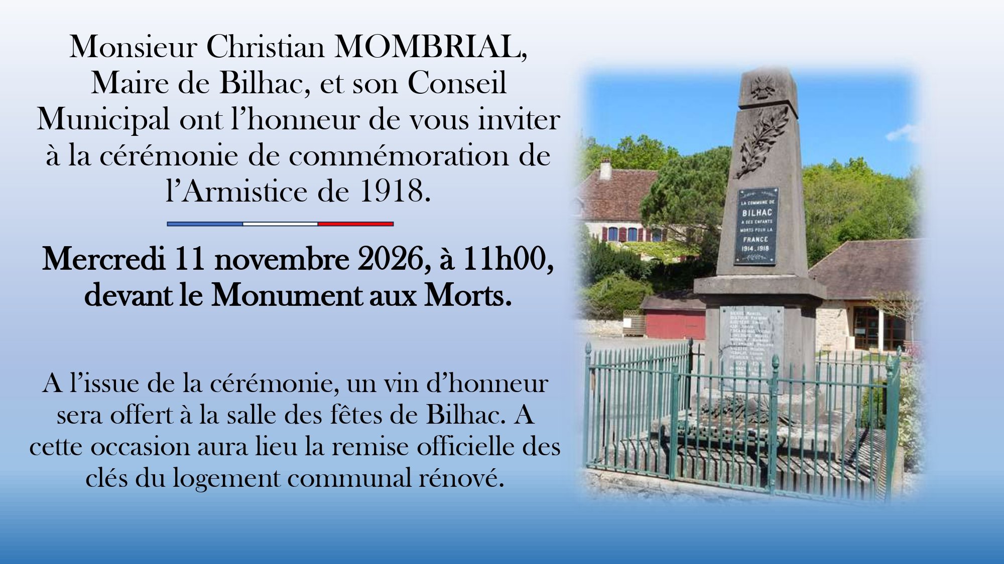 11 novembre - Journée nationale de commémoration de la Victoire et de la Paix - Hommage à tous les “Morts pour la France”