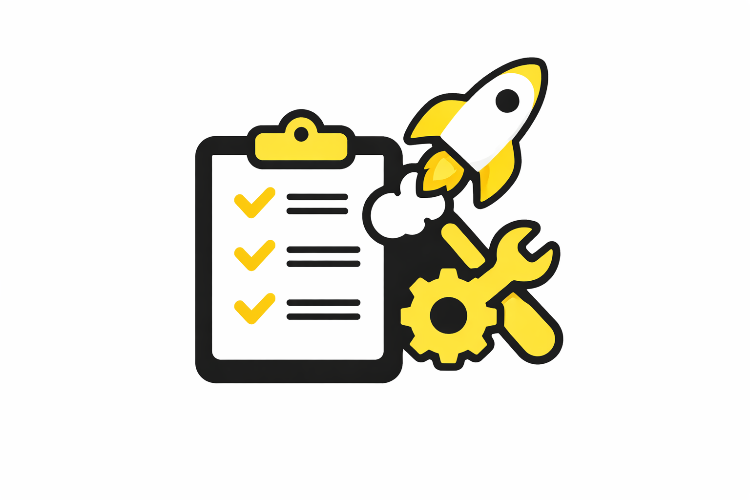 Illustration of a checklist on a clipboard with three yellow checkmarks, a rocket ship, a gear, and tools including a wrench and screwdriver.