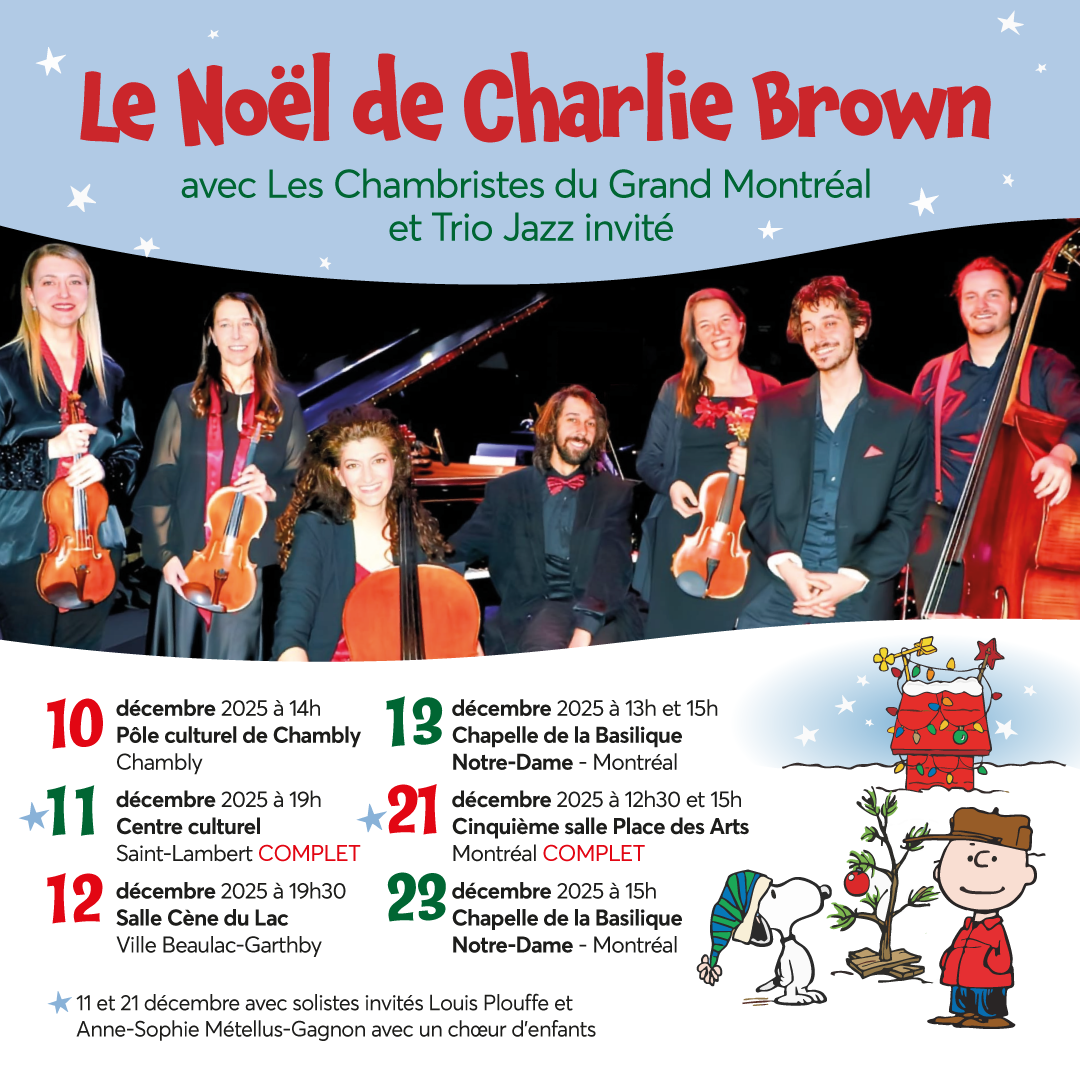 Affiche promotionnelle pour un concert de Noël avec le groupe Charlie Brown et le Trio Jazz, incluant des dates à Montréal et Chambly, avec des illustrations de Snoopy et Charlie Brown se préparant pour Noël.
