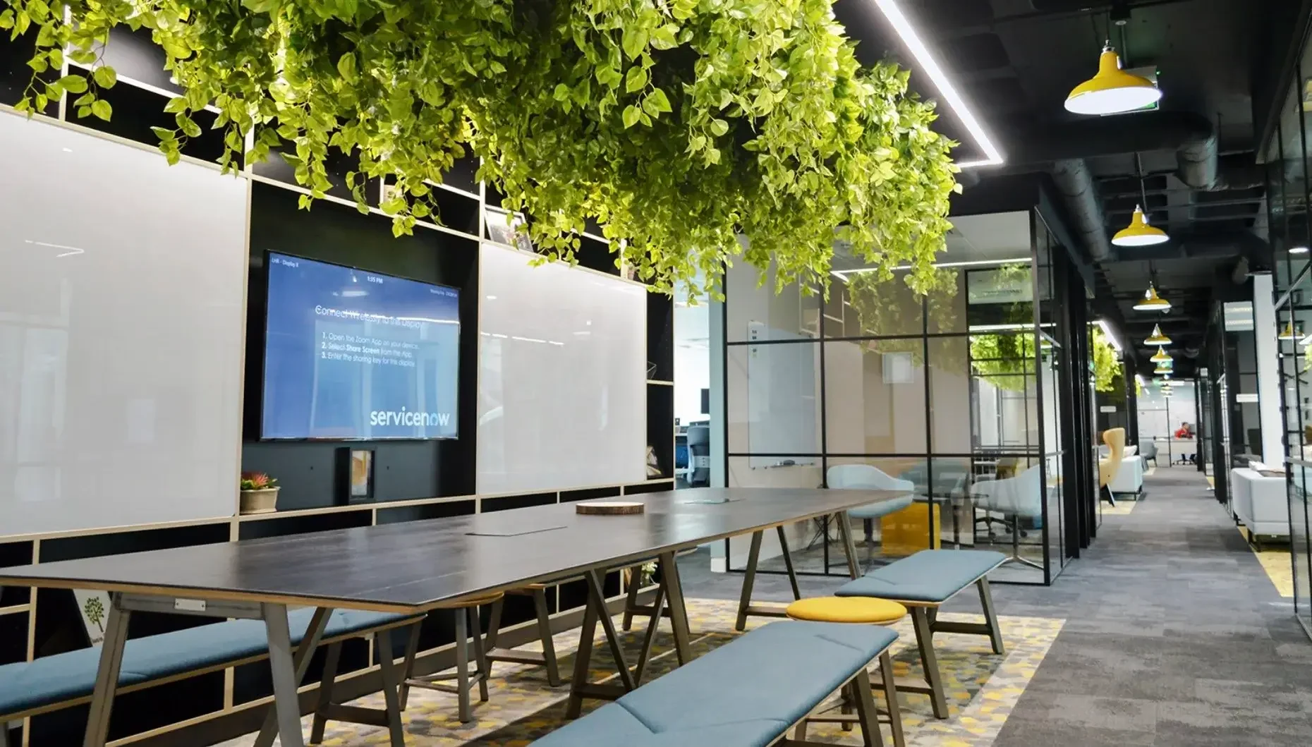 Open office space with desk and hanging plant2.webp