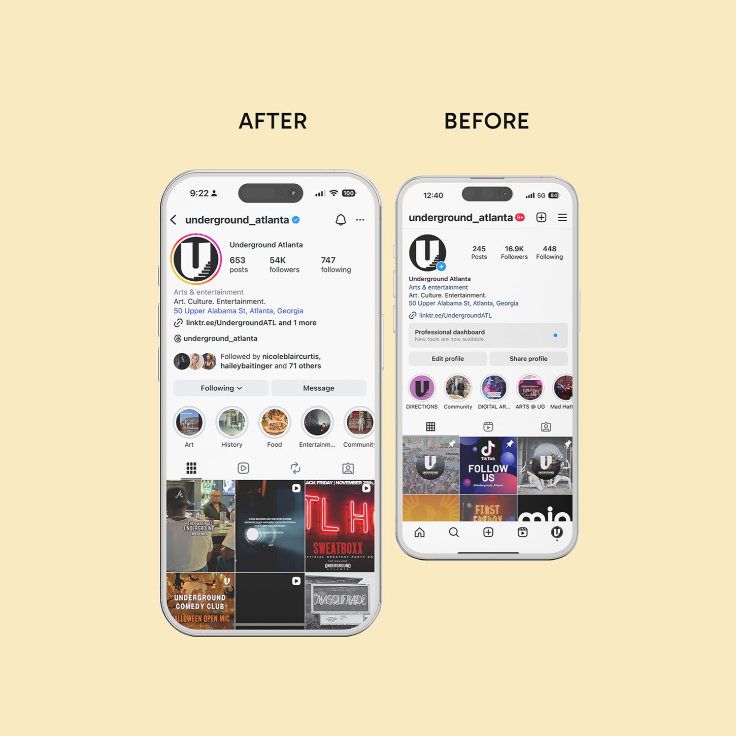 Before and After Underground Atlanta Social Nearly Tripled Followers
