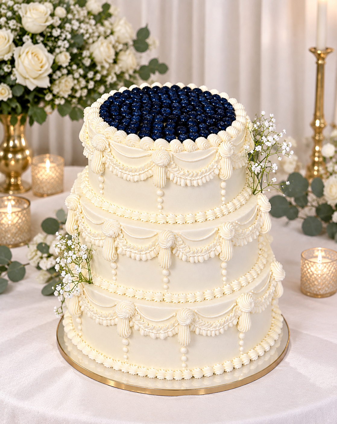 Gâteau de mariage à trois étages décoré de crème blanche, garni de myrtilles sur le dessus et entouré de fleurs blanches et de bougies allumées.