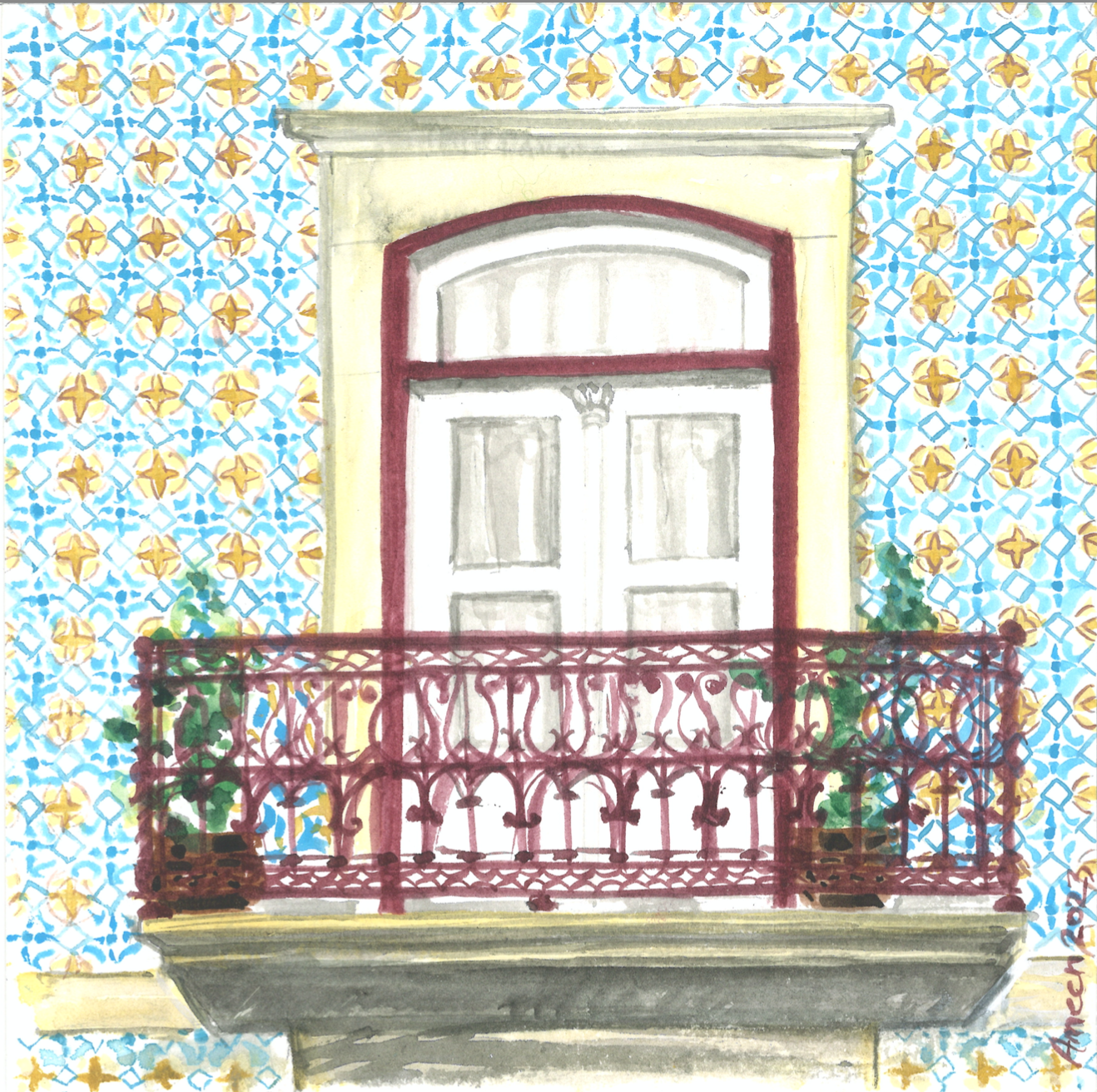 Lisbon Balcony Turquoise Azulejos -- Portugal