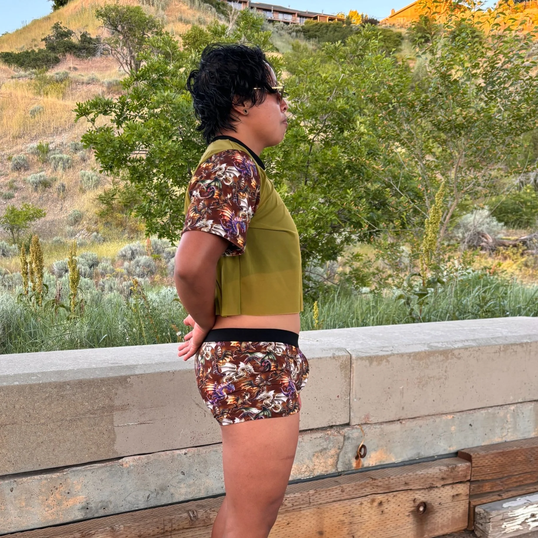 Trans masc Filipino person, side view, Lupine packing underwear, bamboo fabric, side view, buldge visible.