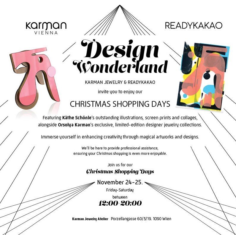 .
Feel cordially invited:
.
KARMAN JEWELRY &amp; READYKAKAO
DESIGN WONDERLAND ✨✨✨
.
Featuring K&auml;the Sch&ouml;nle's outstanding illustrations, screen prints, and collages, alongside Orsolya Karman's exclusive, limited-edition designer jewelry col