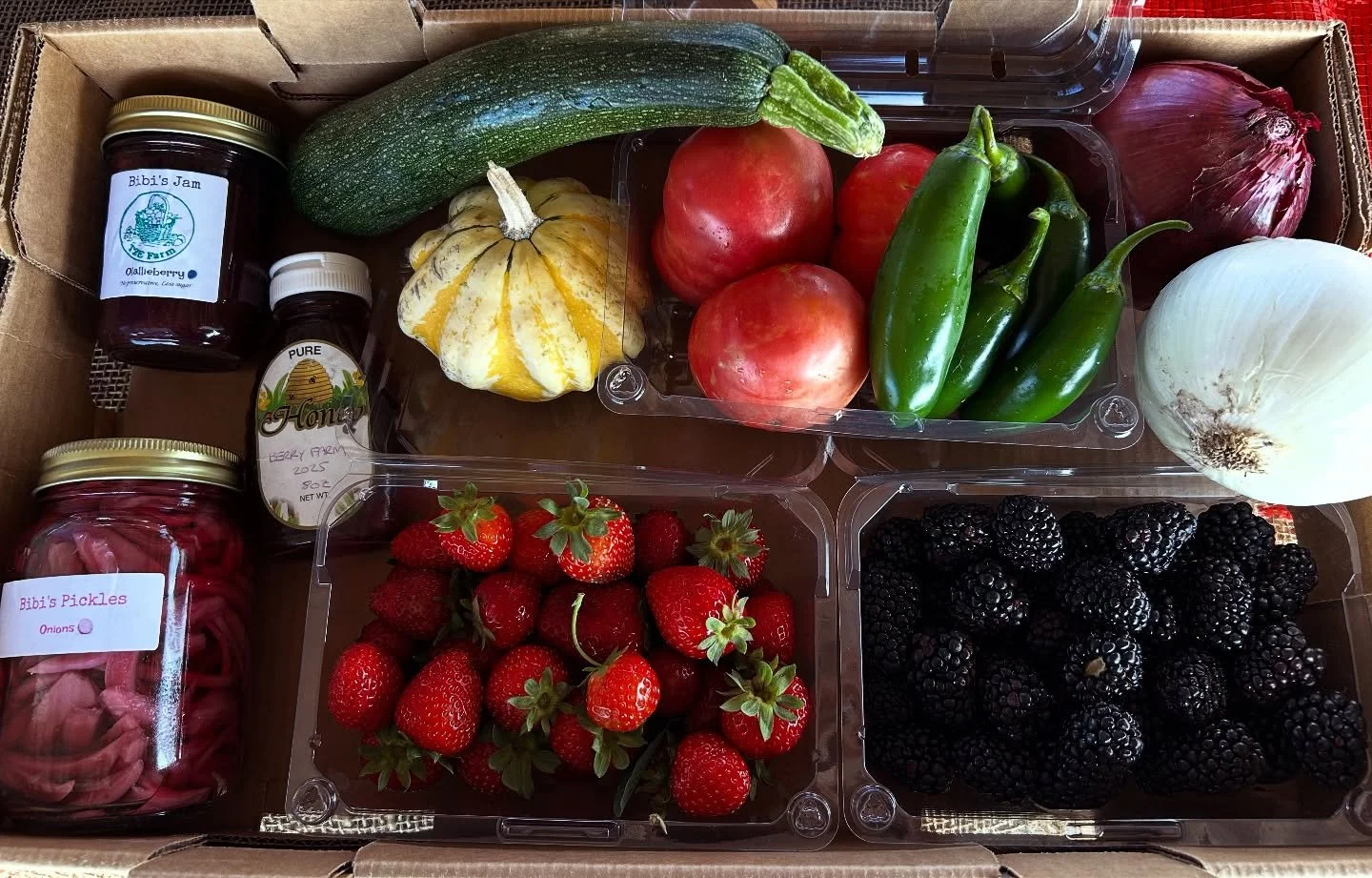 In a hurry?? Place your order in advance with us for an Organic Mixed Farm Box! Fruits, veggies, jams, pickles, or all fruits! 

🍅 Box 1 example: ~$40
🍓 Box 2 example: ~$40

Mix &amp; match while supplies last! Check our website for availability or