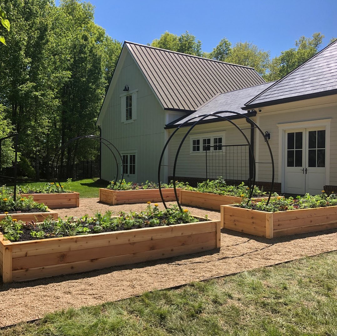 Swipe to see how we went from grass to garden in 2 days. 
⠀⠀⠀⠀⠀⠀⠀⠀⠀
This formal potager garden was installed with 6 cedar raised beds, 2 arched trellises, 2 custom panel trellises,  12 yards of soil, 5 tons of gravel, hundreds of plants, and lots of 