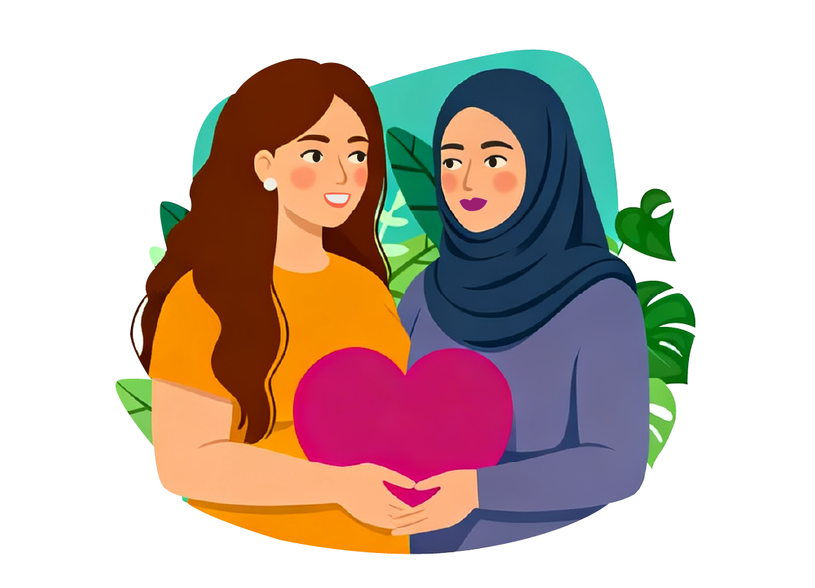 Two women, one with long brown hair and the other wearing a dark blue hijab, holding a pink heart together surrounded by green tropical leaves.