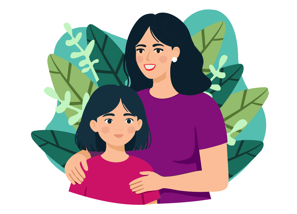 An illustration of a woman with dark hair and a girl with dark hair, both smiling, standing in front of a background of large green leaves. The woman has her arm around the girl.