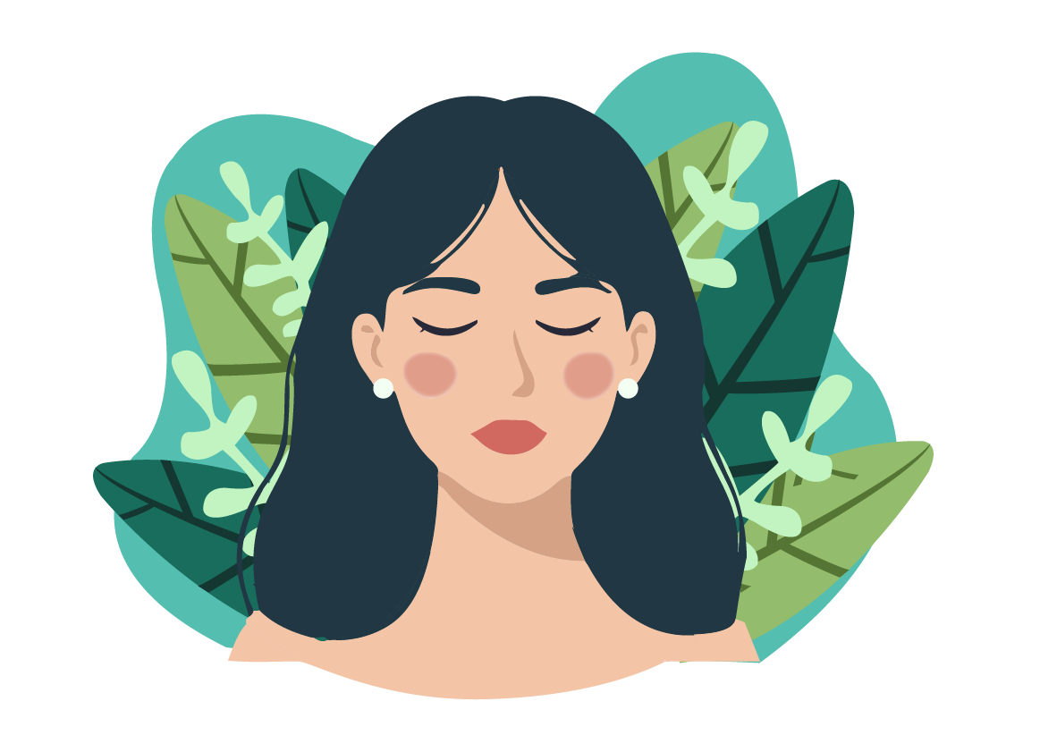 Illustration of a woman with closed eyes, long dark hair, and earrings, surrounded by green tropical leaves.