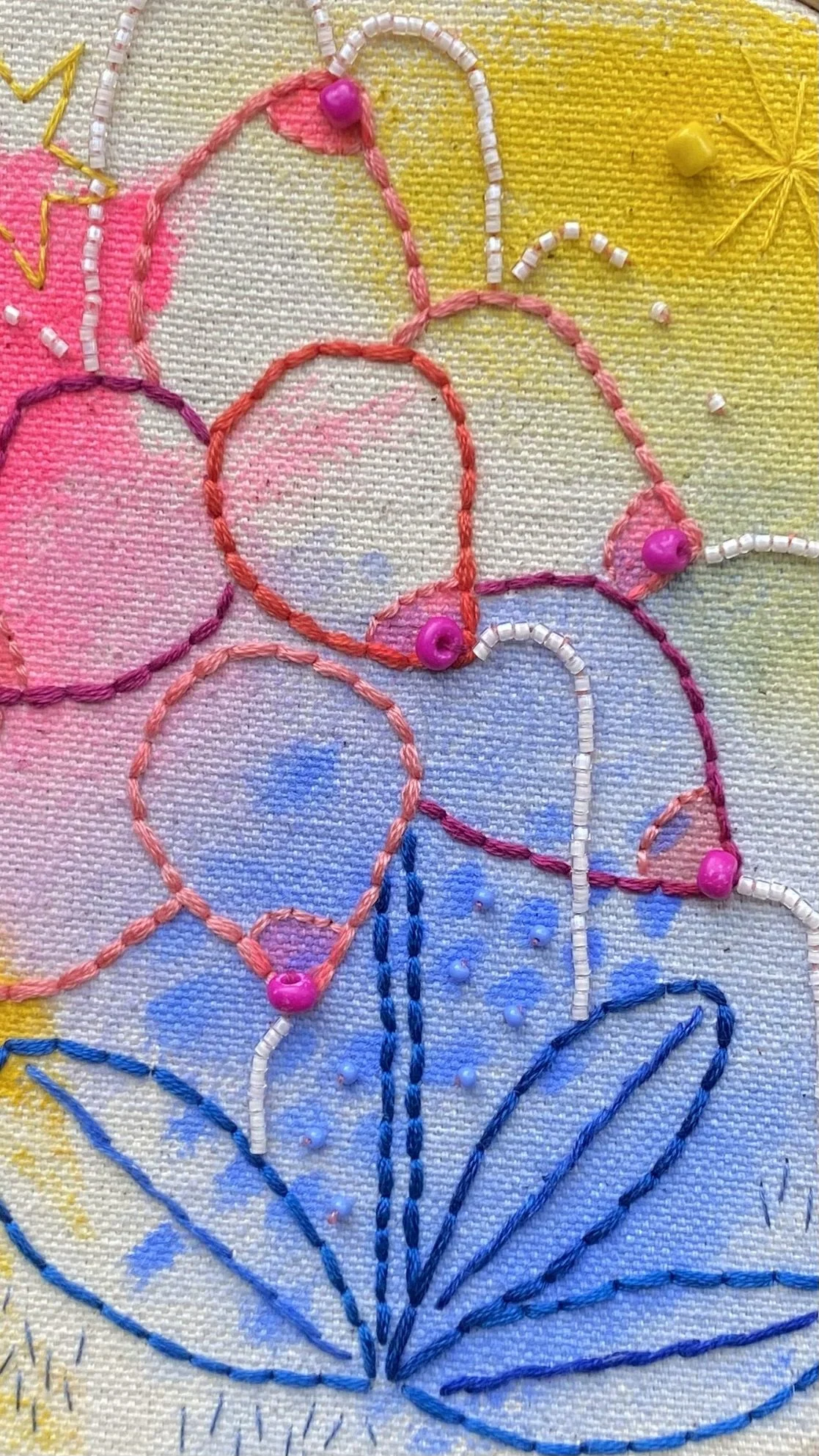 detail of Booby Flower Fountain. Acrylic on raw canvas, embroidery thread and seed beads. 2026