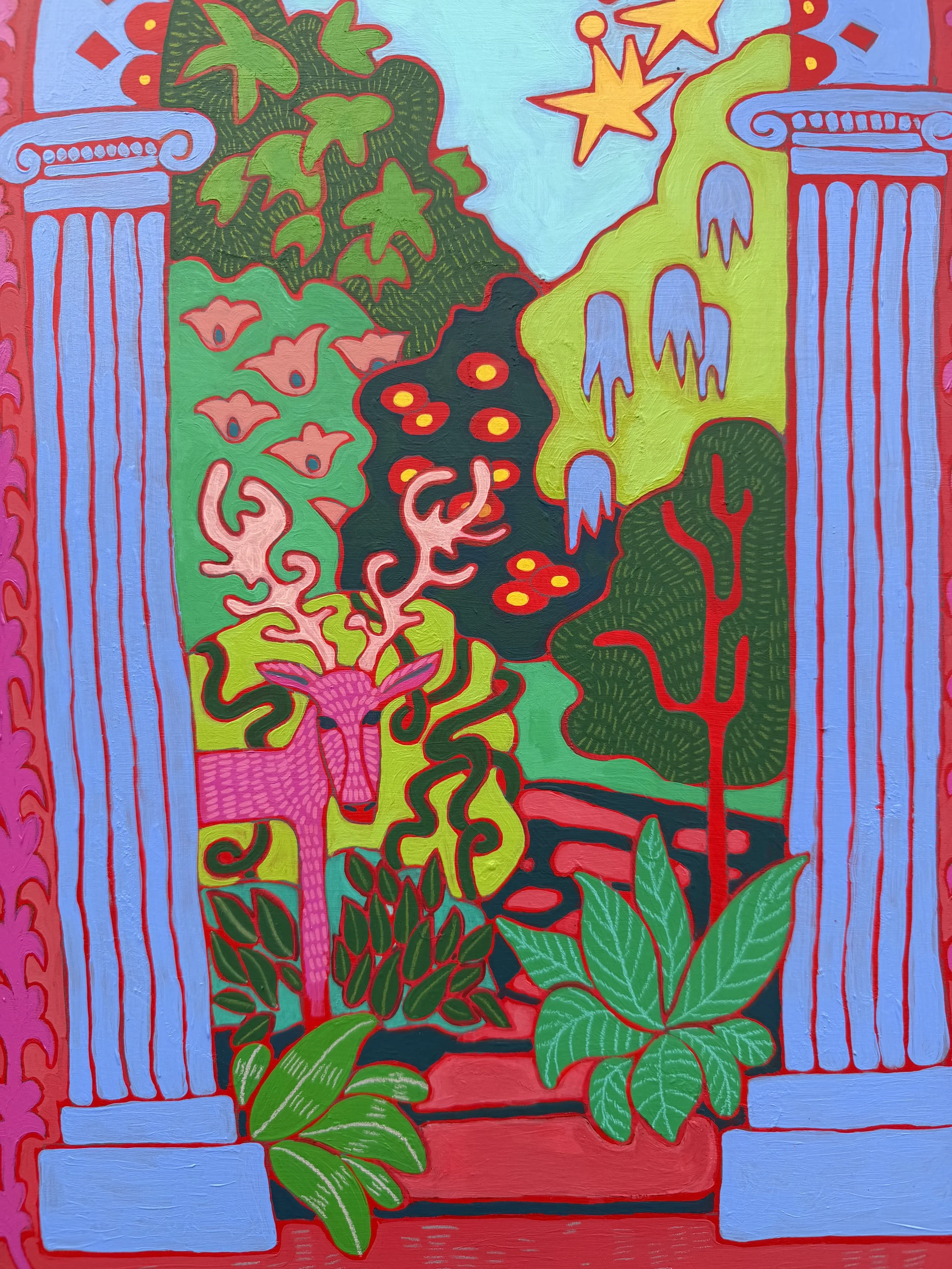 detail of The Pink Stag, 20"X12" Acrylic on panel. 2026