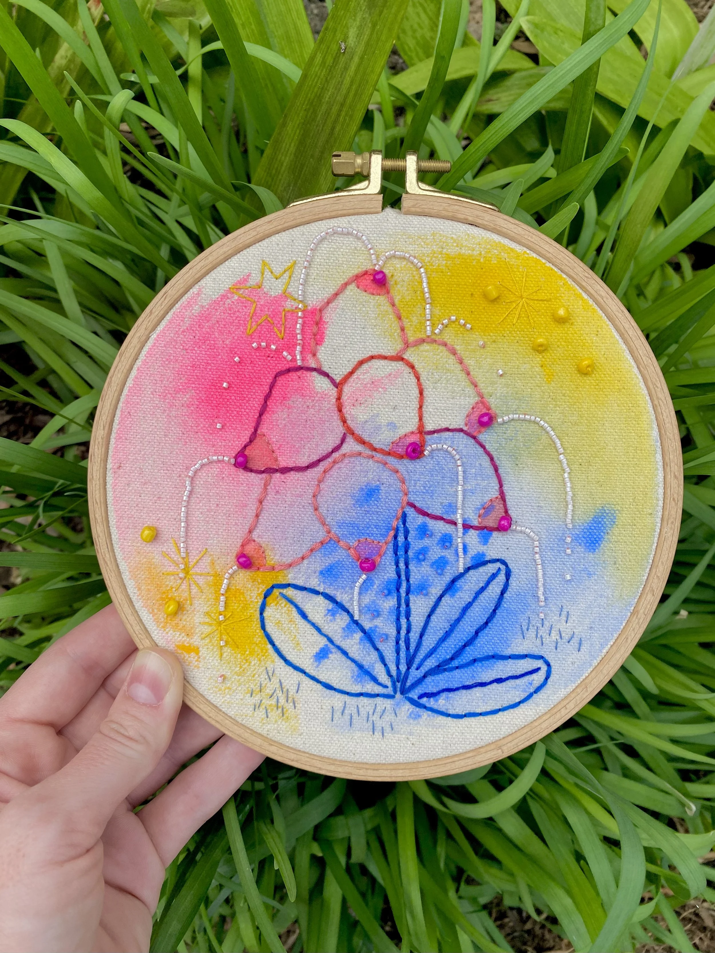 Booby Flower Fountain. Acrylic on raw canvas, embroidery thread and seed beads. 2026