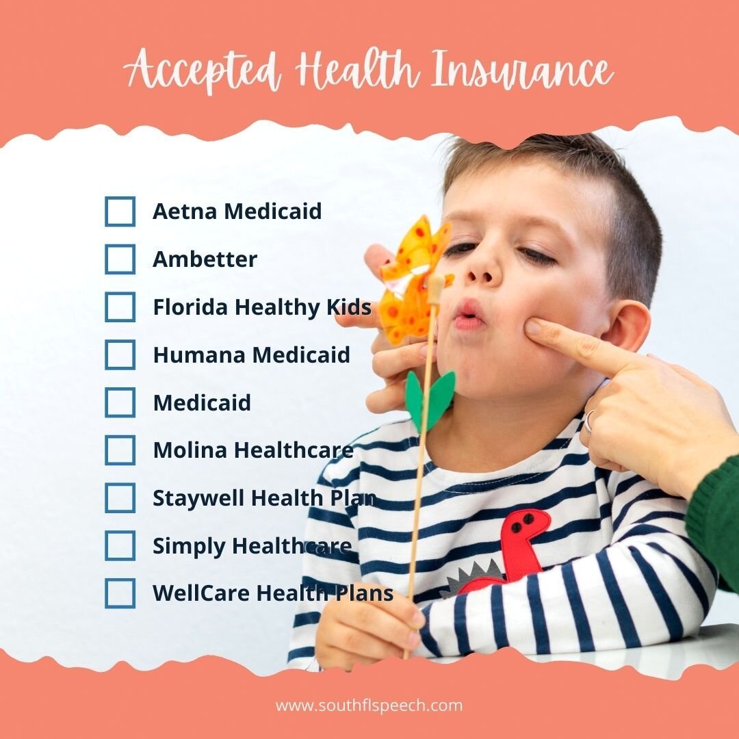 HEALTH INSURANCES WE WORK WITH ✨ Found the one you have on our list? Contact us to schedule a free speech screening or to make an appointment.

👩🏽&zwj;⚕️ Found this helpful? Like it, share it or save it. 

🗣 305-614-2102
🗣 southflpeech.com 
🗣 fr