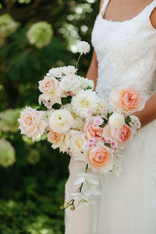 Peach and Blush Bridal Bouquet with Roses and Dahlias
