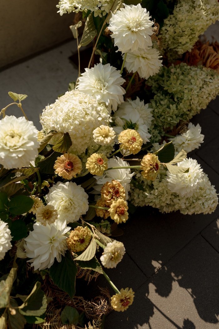 Hydrangea, Dahlia + Zinnia Flower Install