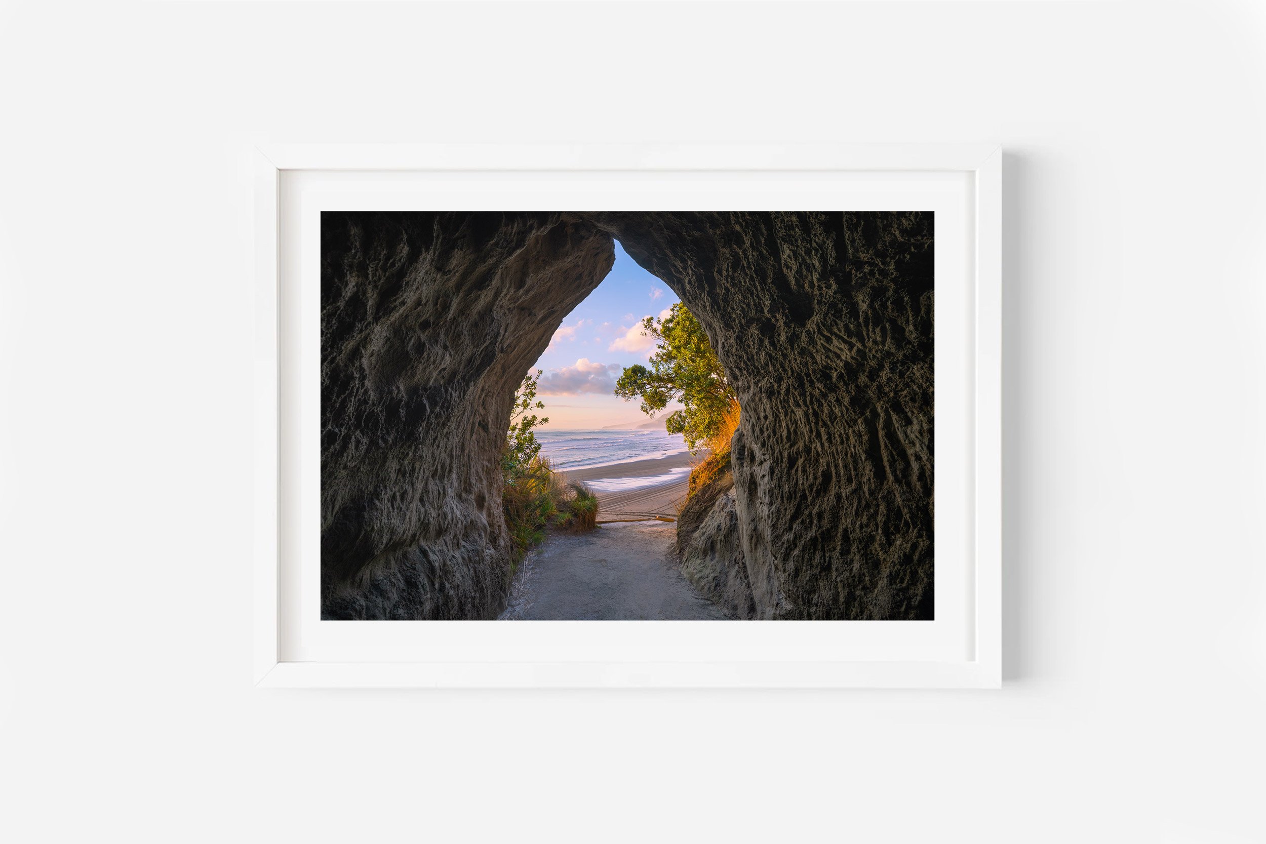 Waikawau Tunnel Beach Sunset NZ Print