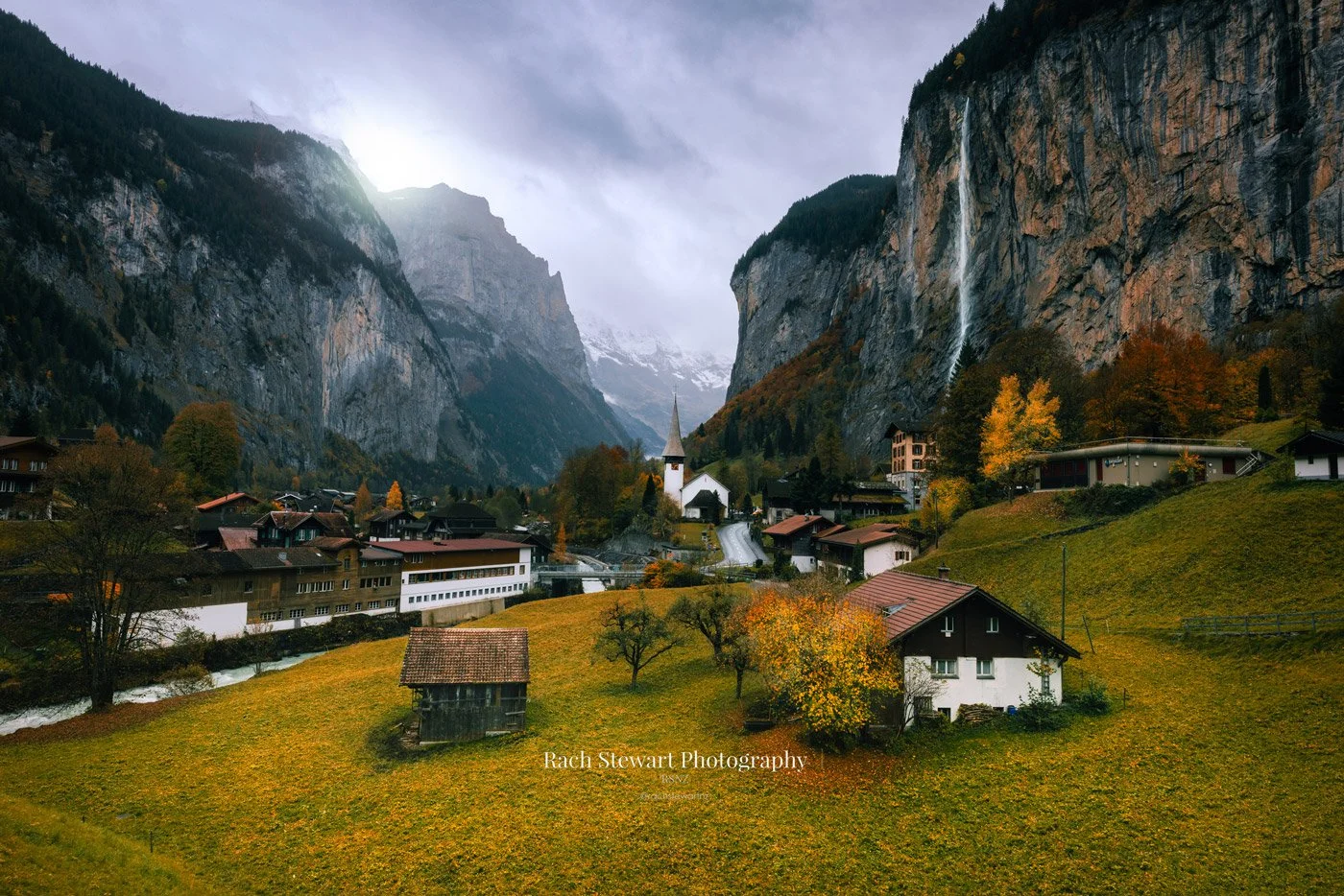 lauterbrunnen village Staubbach falls autumn switzerland print