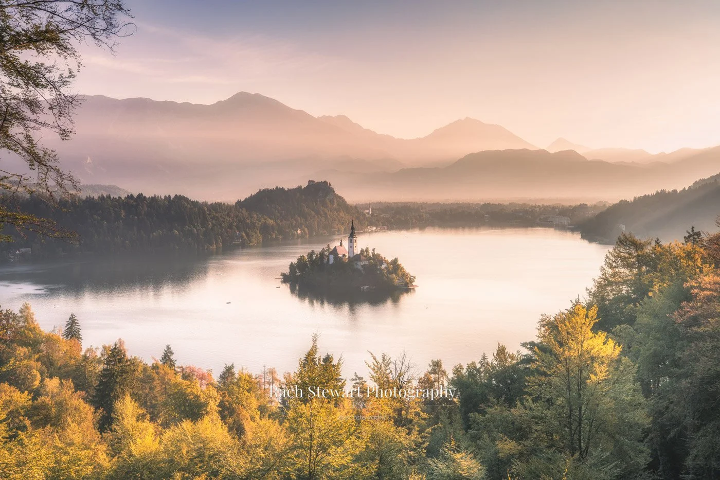 lake bled lookout slovenia sunrise print