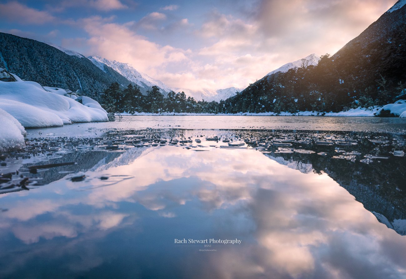 NZ Print of Lewis Pass Tarn Reflection Winter sunrise